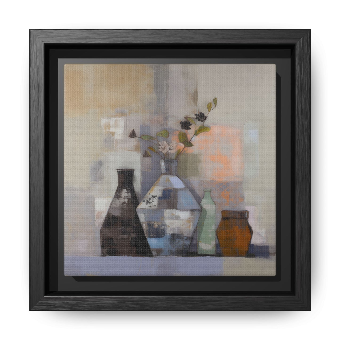 Earthy Bottle Still Life Wall Art – Framed Abstract Canvas with Geometric Vases in Neutral Tones