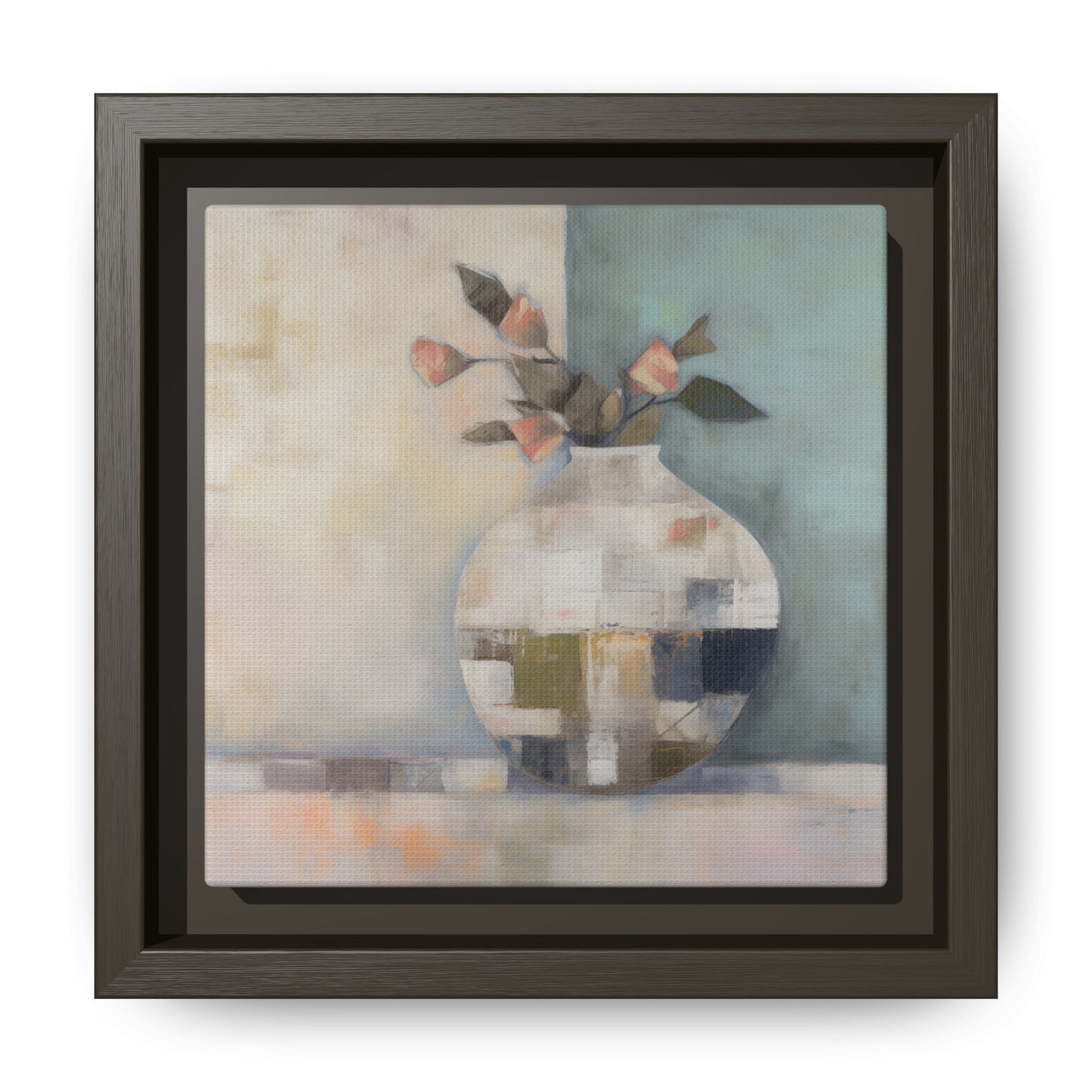 Geometric Floral Still Life Wall Art – Framed Abstract Canvas with Vase and Blush Pink Buds