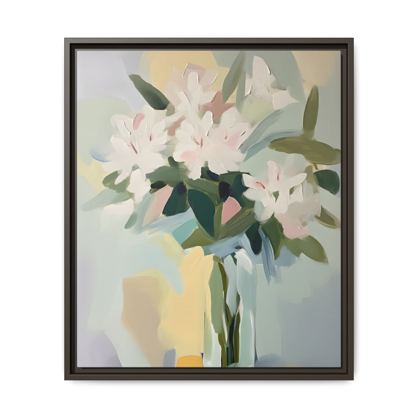 Soft Abstract Floral Wall Art – Framed Modern Canvas with White Flowers in Green Vase