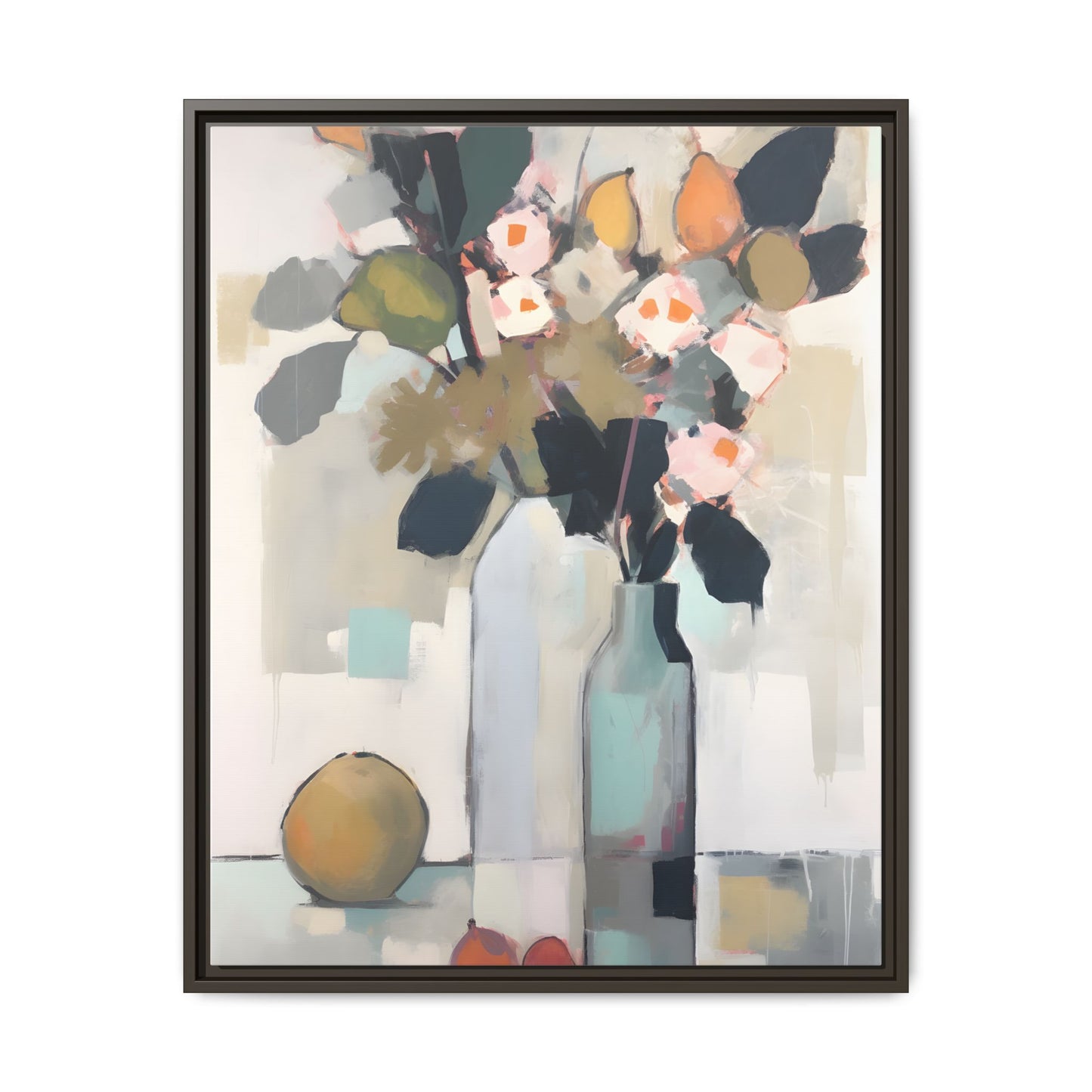 Modern Floral Still Life Wall Art – Framed Canvas with Bold Leaves and Citrus in Vase