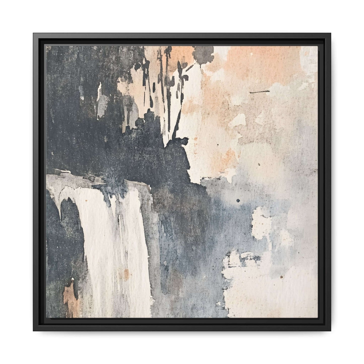 Framed abstract waterfall art print in watercolors, matte finish canvas home decor, square format.