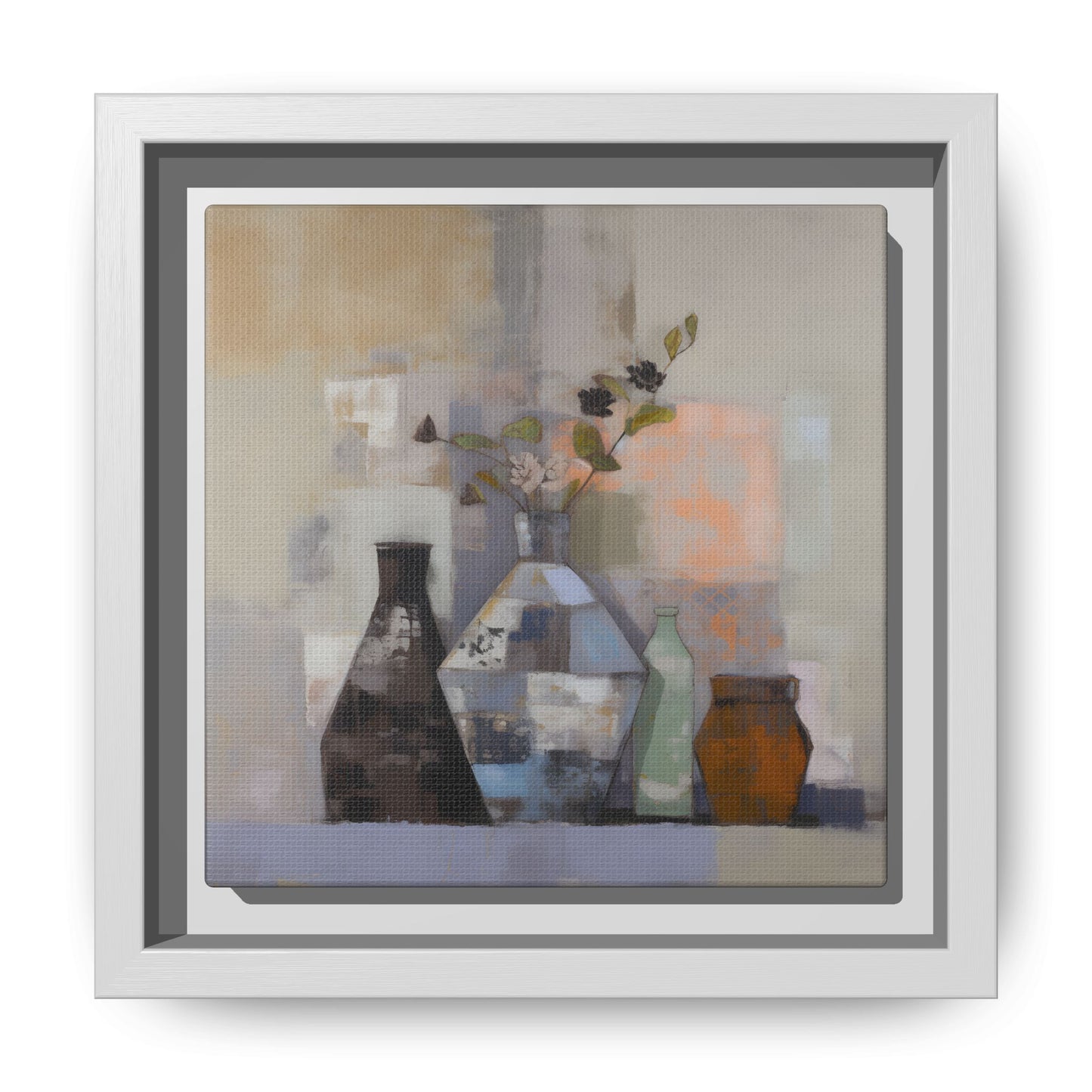 Earthy Bottle Still Life Wall Art – Framed Abstract Canvas with Geometric Vases in Neutral Tones