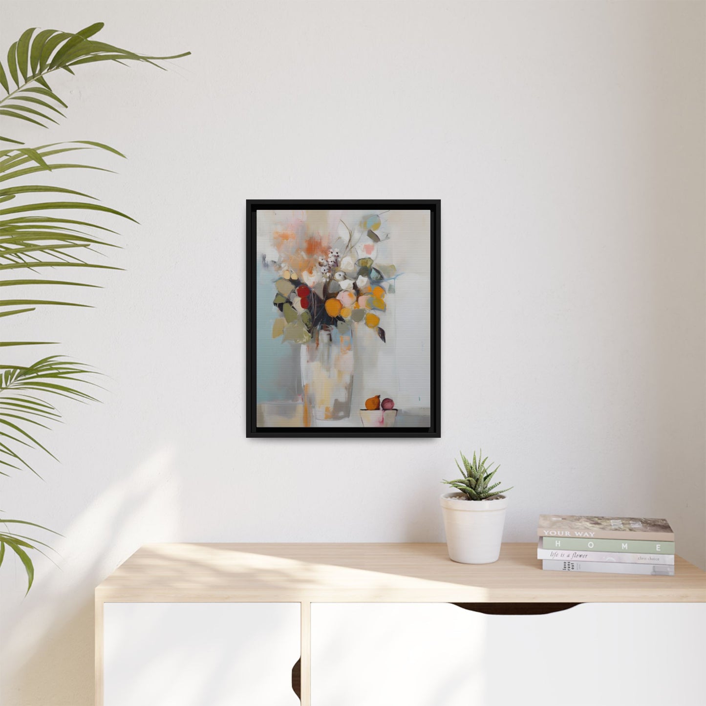 Colorful Floral Still Life Wall Art – Framed Abstract Canvas with Bright Blooms and Fruit Bowl