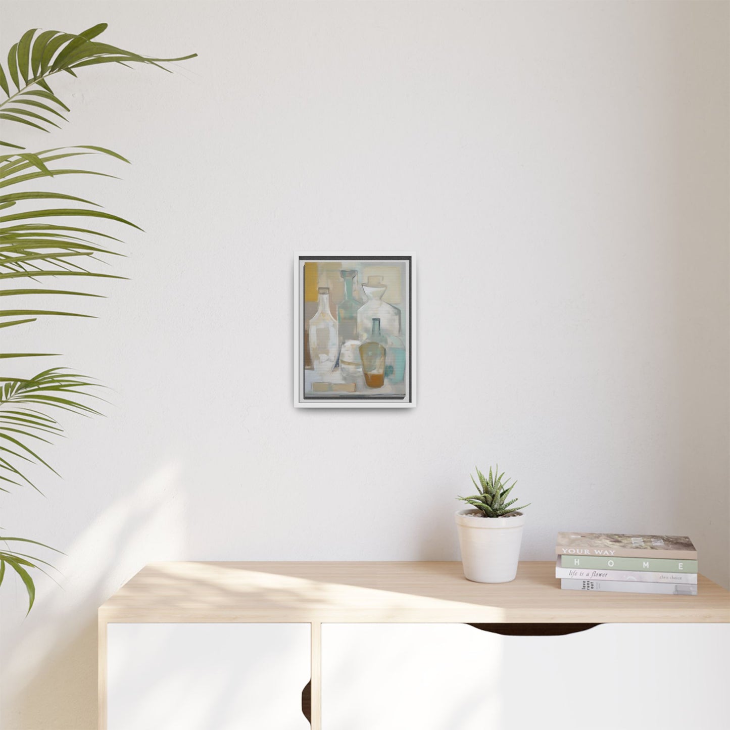 Modern Still Life Wall Art – Neutral Bottles Framed Canvas in Beige, Aqua & Amber