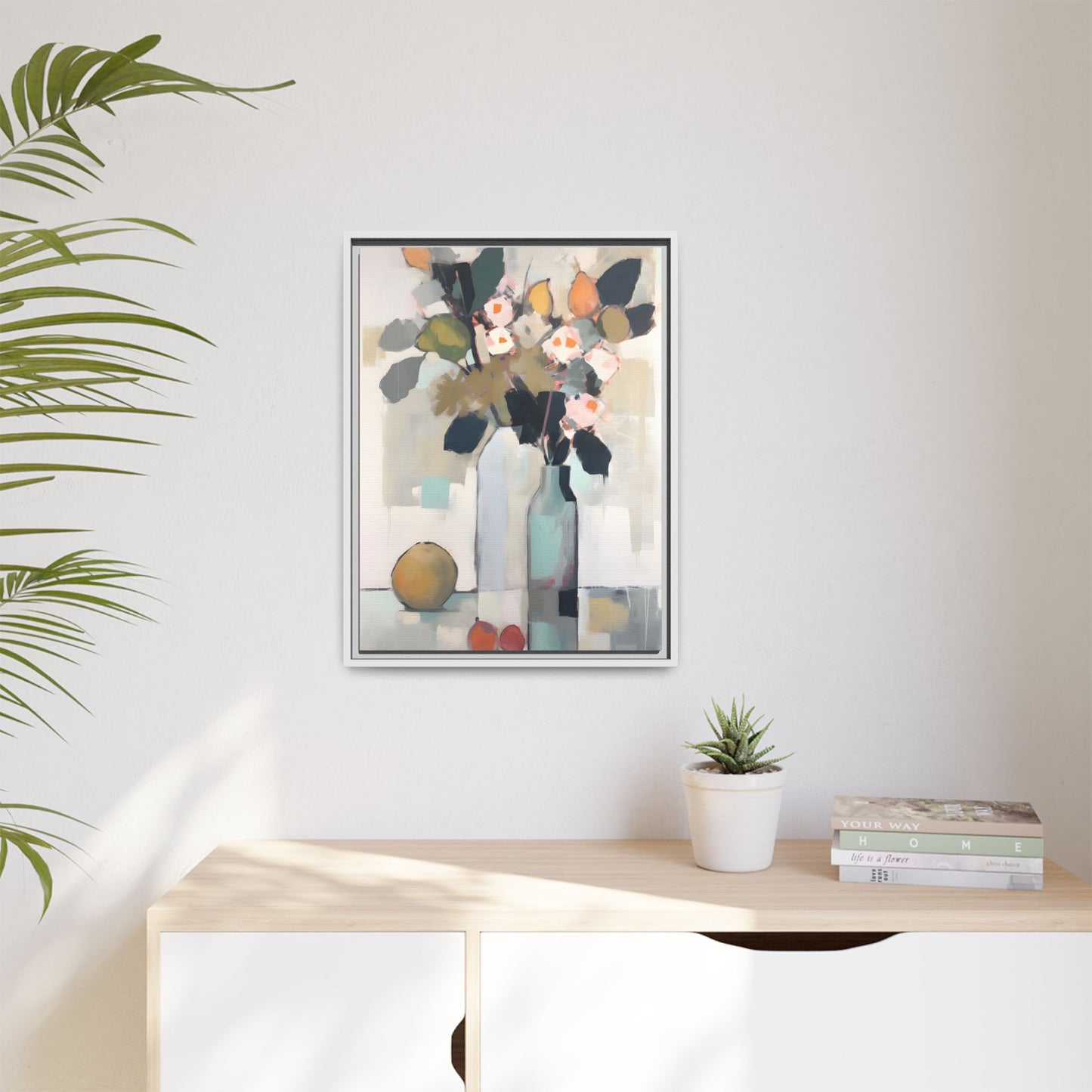 Modern Floral Still Life Wall Art – Framed Canvas with Bold Leaves and Citrus in Vase