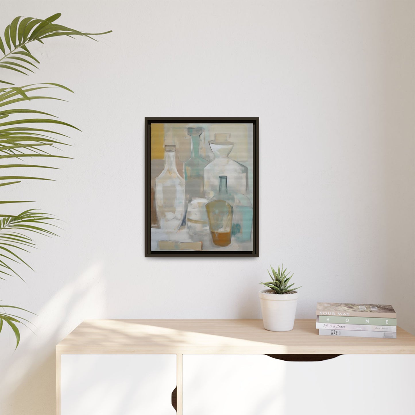 Modern Still Life Wall Art – Neutral Bottles Framed Canvas in Beige, Aqua & Amber