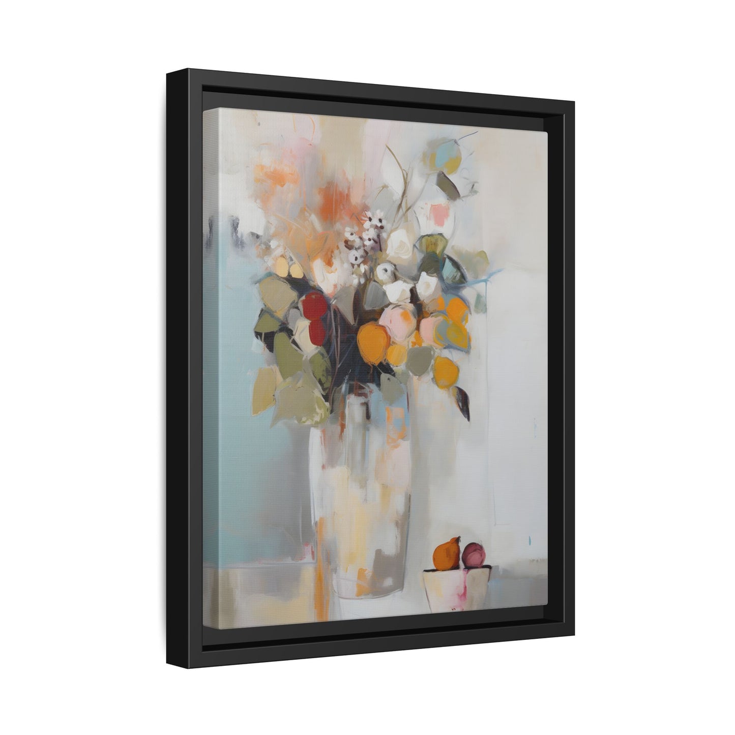 Colorful Floral Still Life Wall Art – Framed Abstract Canvas with Bright Blooms and Fruit Bowl