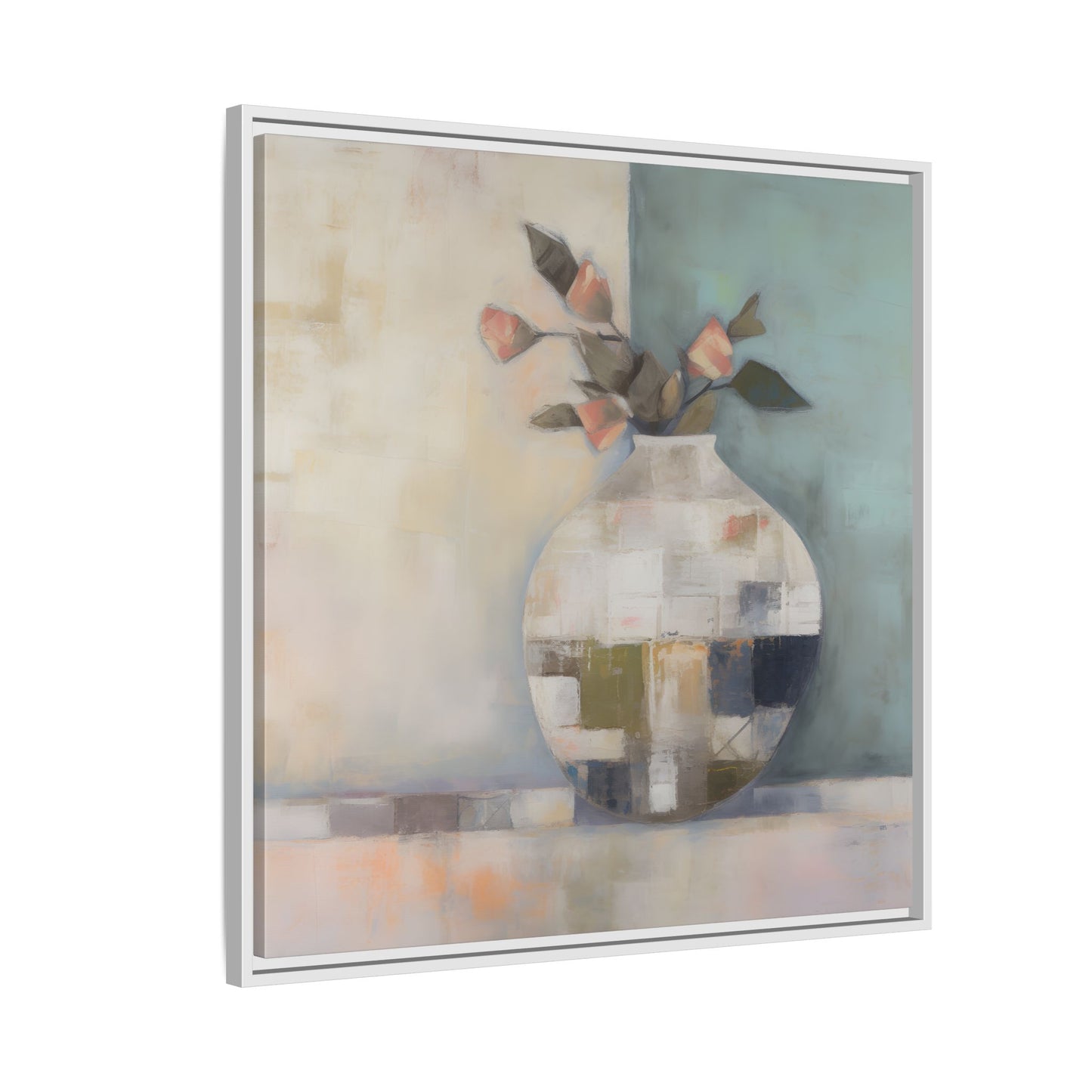 Geometric Floral Still Life Wall Art – Framed Abstract Canvas with Vase and Blush Pink Buds