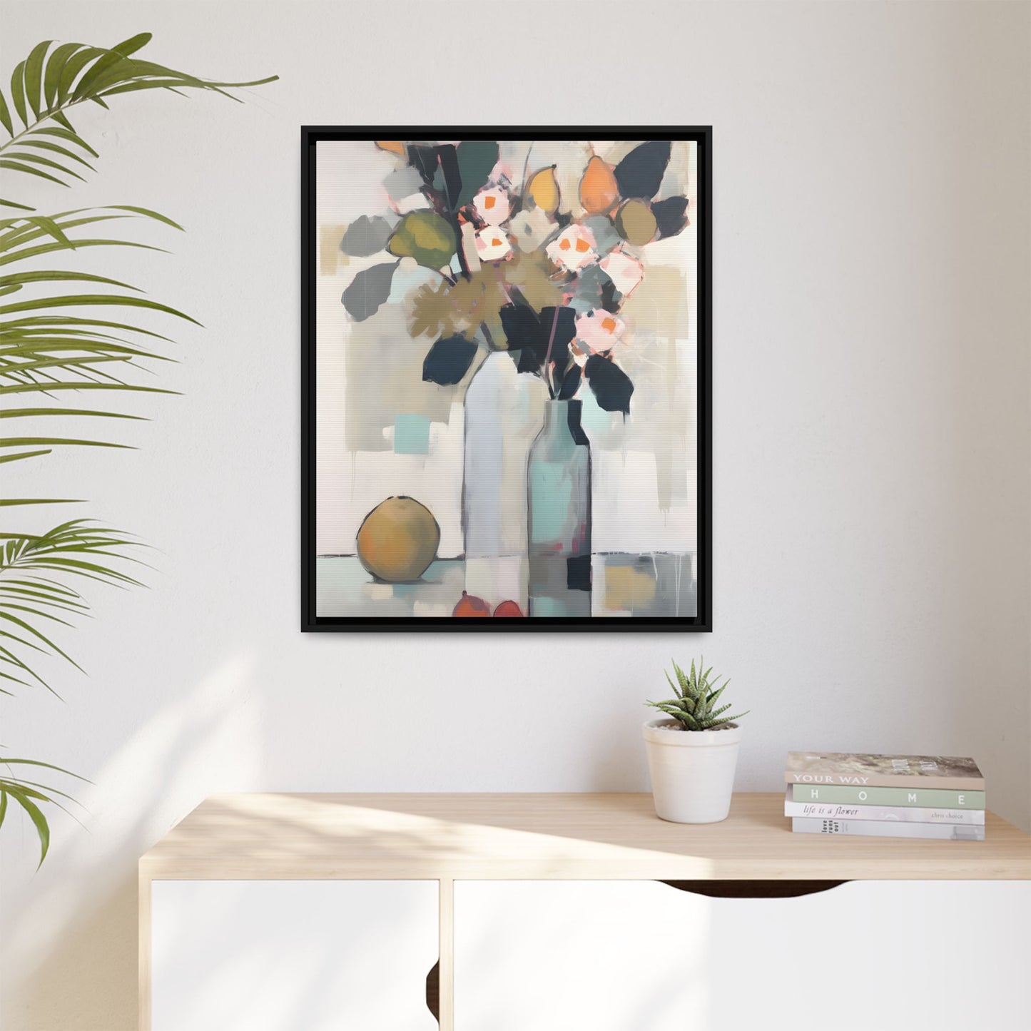 Modern Floral Still Life Wall Art – Framed Canvas with Bold Leaves and Citrus in Vase