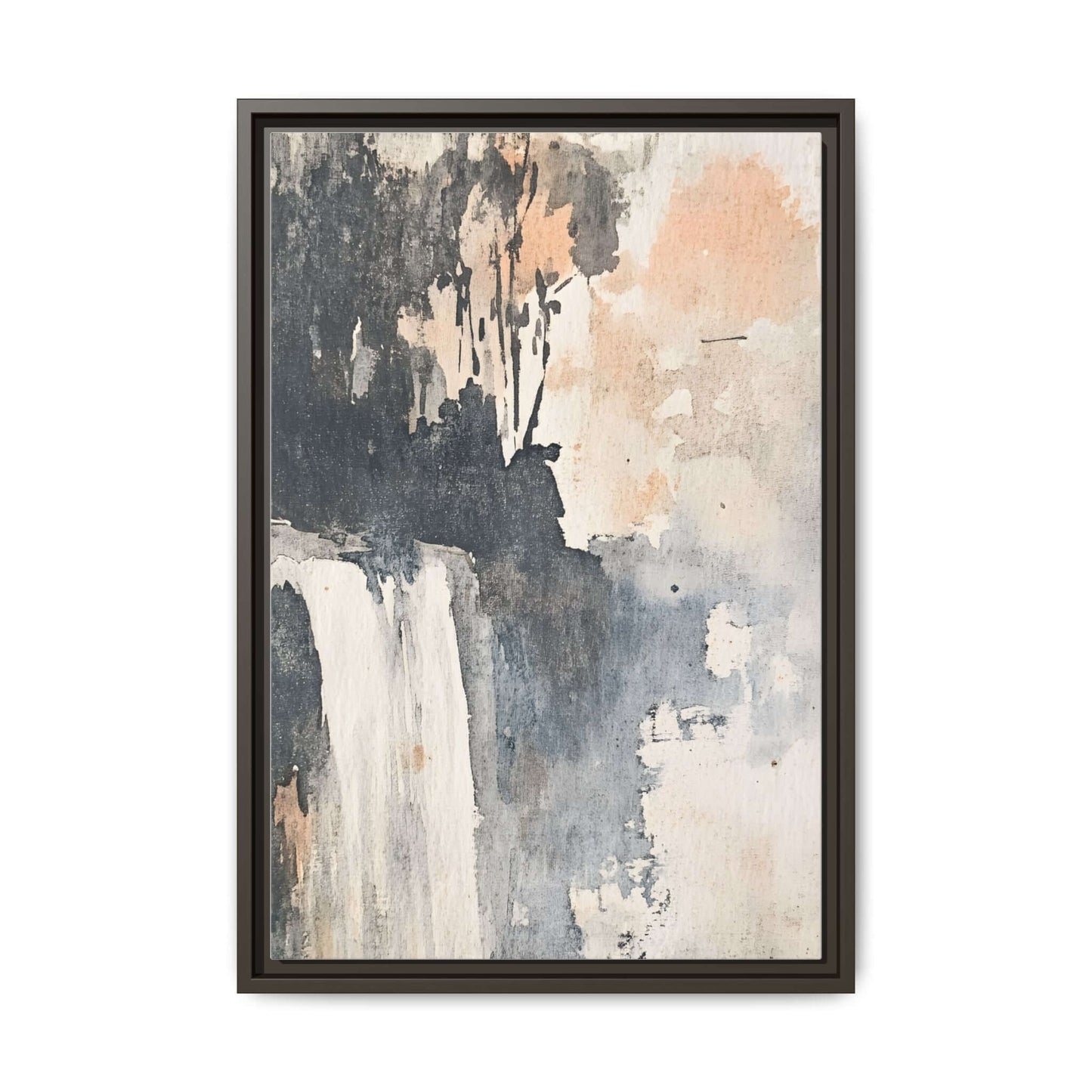 Framed abstract waterfall art print on matte canvas, featuring soft earthy tones, ideal for home decor aesthetics.