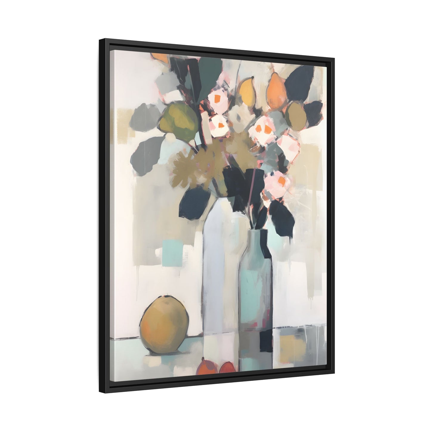 Modern Floral Still Life Wall Art – Framed Canvas with Bold Leaves and Citrus in Vase