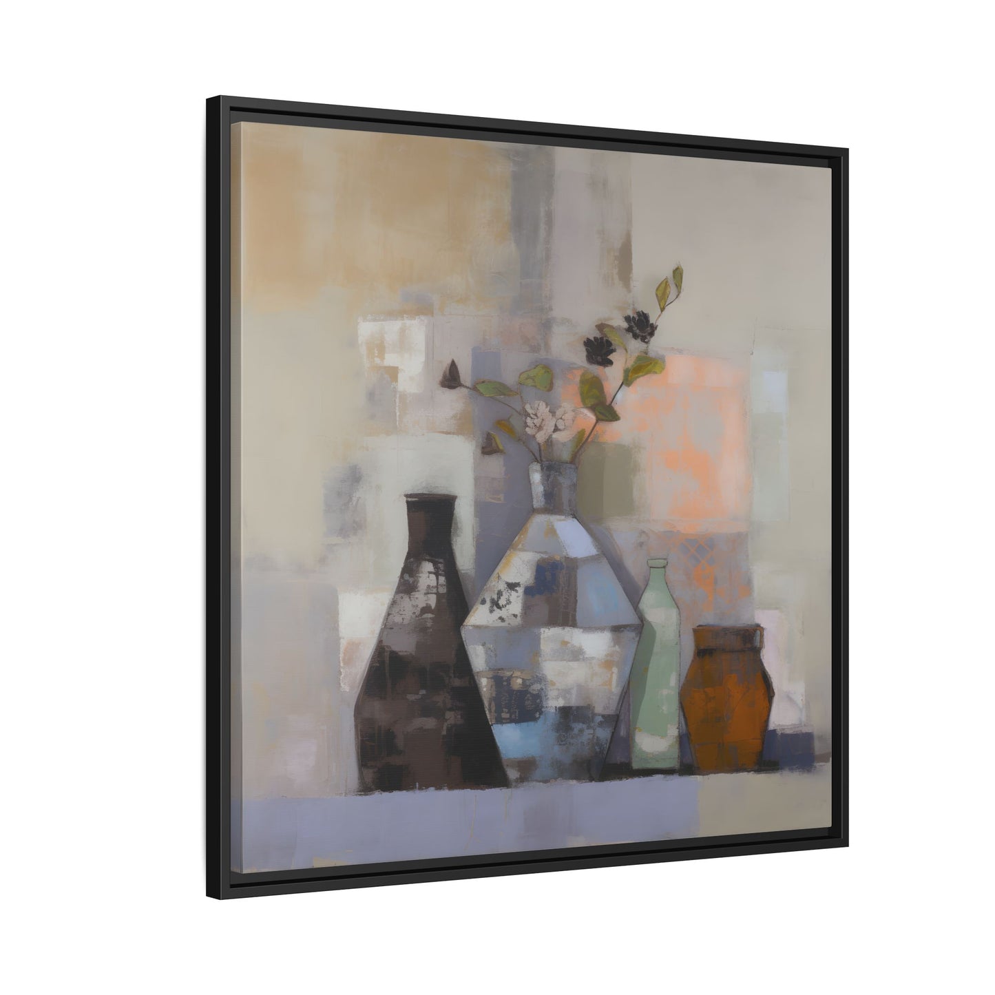 Earthy Bottle Still Life Wall Art – Framed Abstract Canvas with Geometric Vases in Neutral Tones