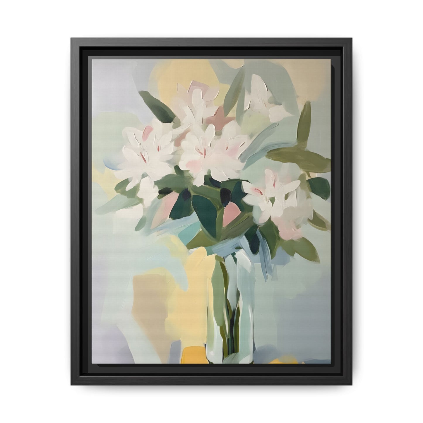Soft Abstract Floral Wall Art – Framed Modern Canvas with White Flowers in Green Vase
