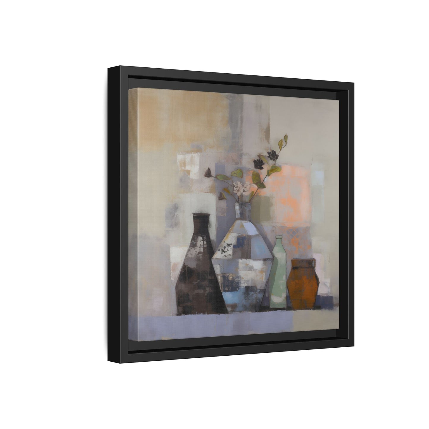 Earthy Bottle Still Life Wall Art – Framed Abstract Canvas with Geometric Vases in Neutral Tones