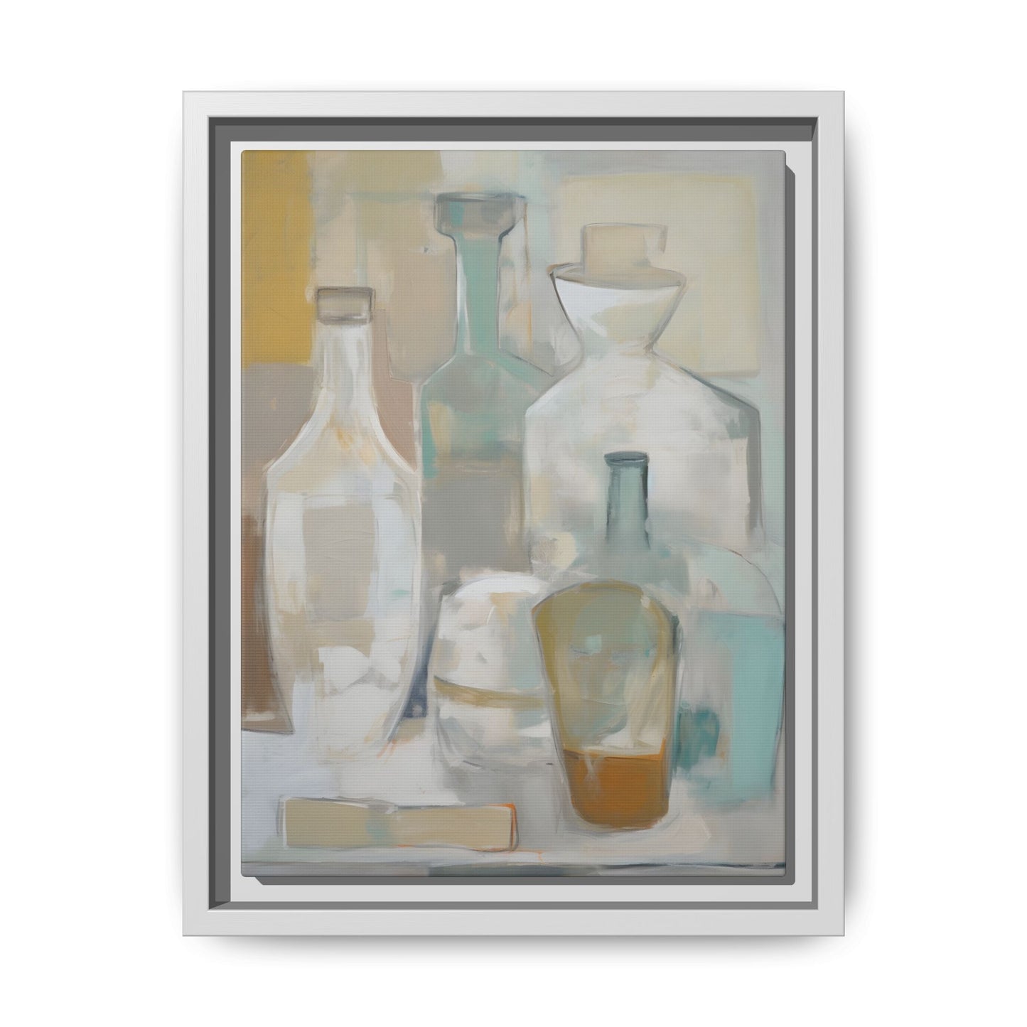 Modern Still Life Wall Art – Neutral Bottles Framed Canvas in Beige, Aqua & Amber