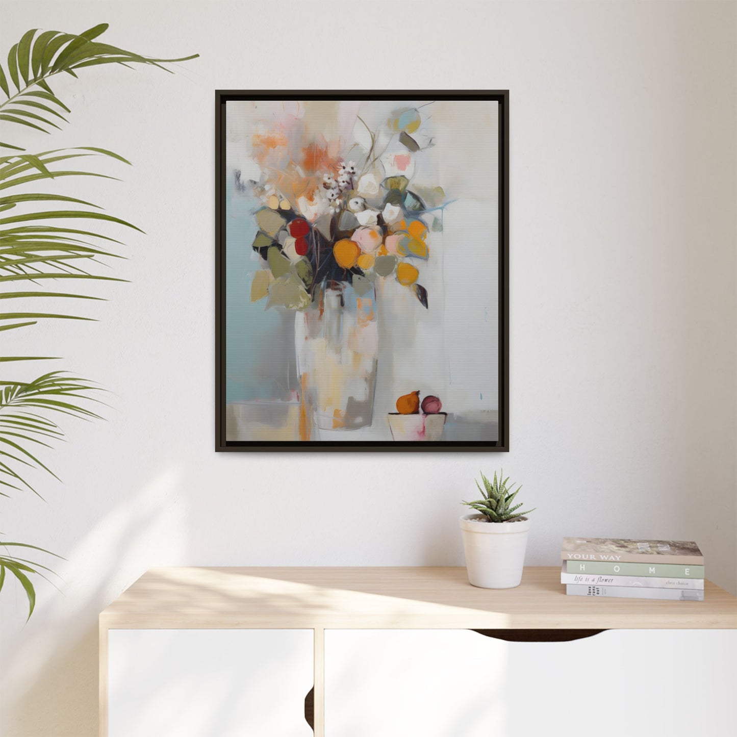 Colorful Floral Still Life Wall Art – Framed Abstract Canvas with Bright Blooms and Fruit Bowl