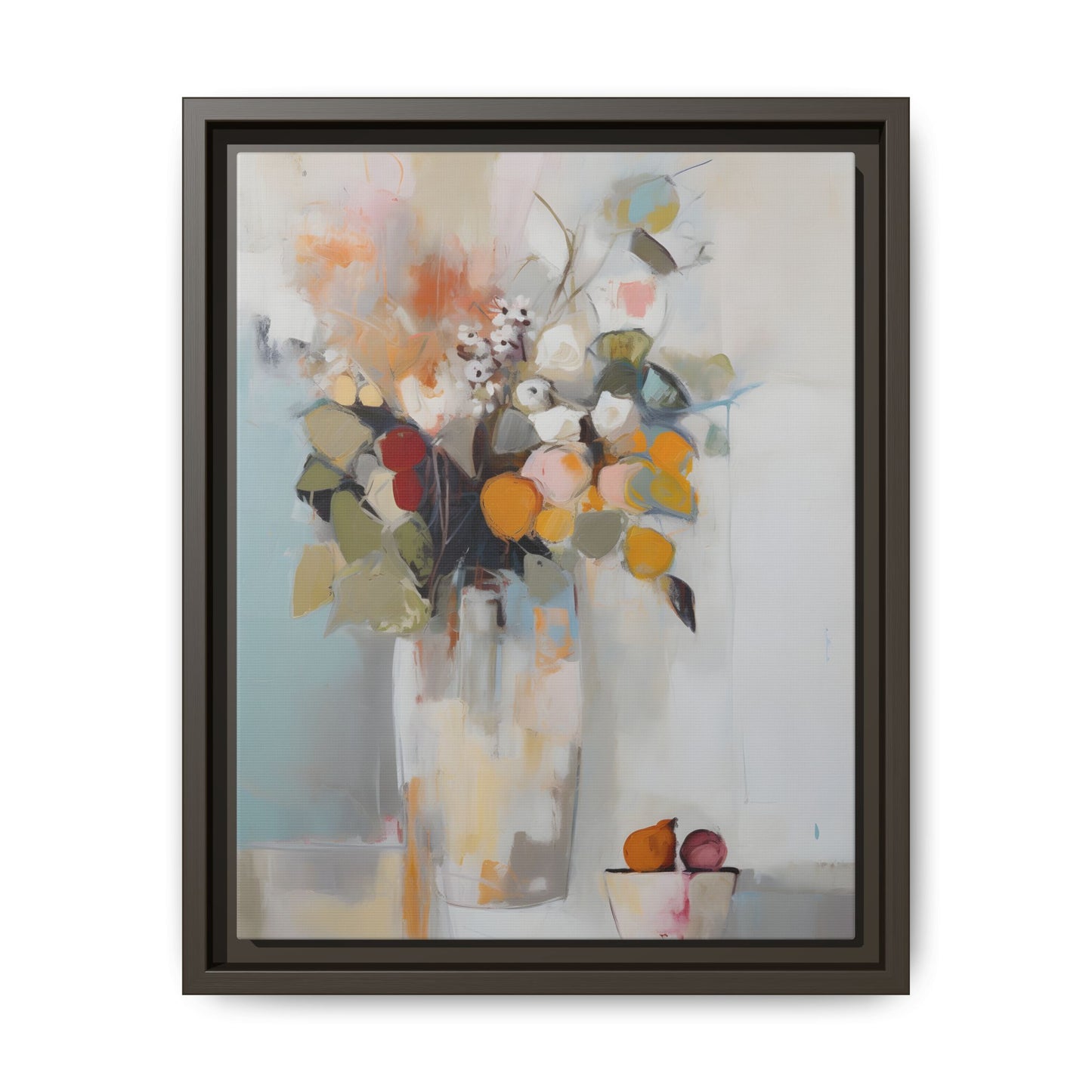Colorful Floral Still Life Wall Art – Framed Abstract Canvas with Bright Blooms and Fruit Bowl