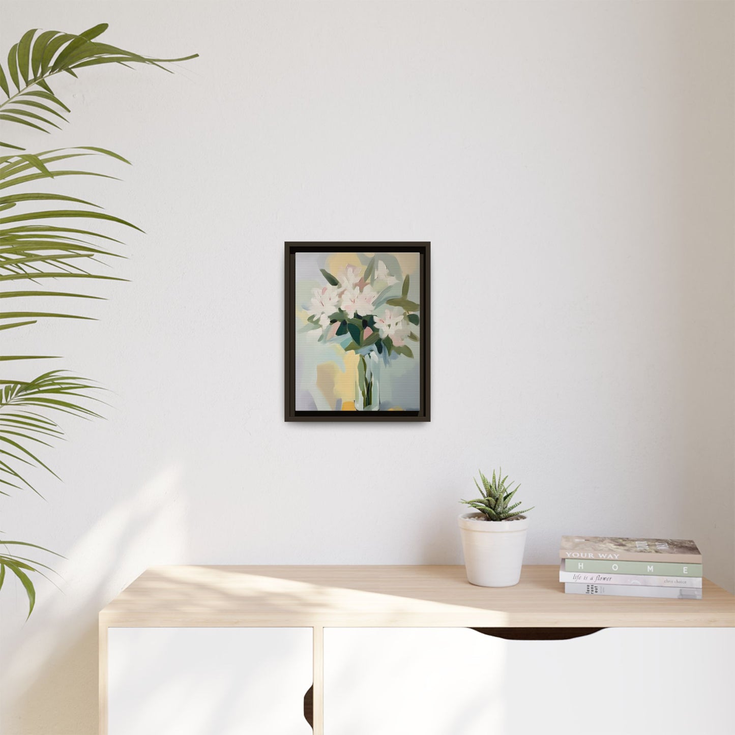 Soft Abstract Floral Wall Art – Framed Modern Canvas with White Flowers in Green Vase