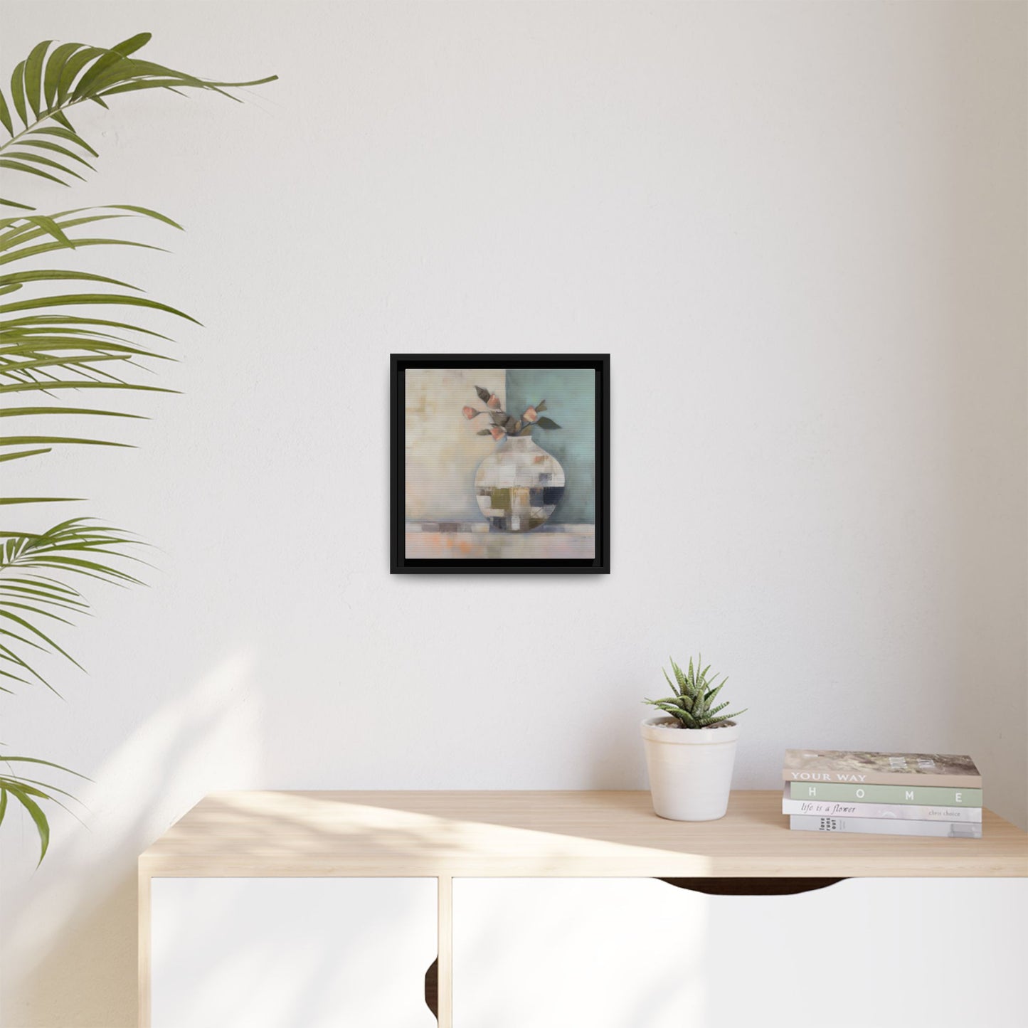 Geometric Floral Still Life Wall Art – Framed Abstract Canvas with Vase and Blush Pink Buds