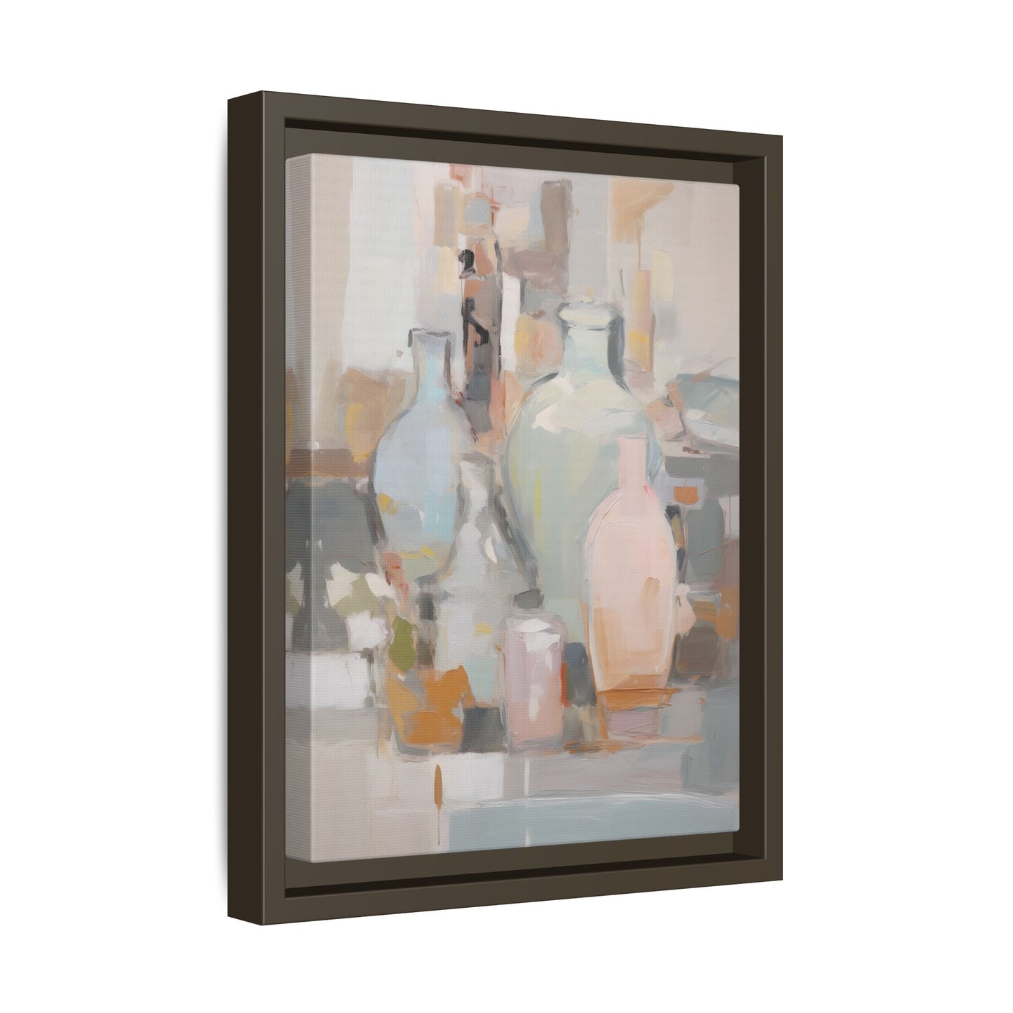 Modern Abstract Still Life Wall Art – Colorful Framed Canvas with Blue, Pink & Terracotta Bottles