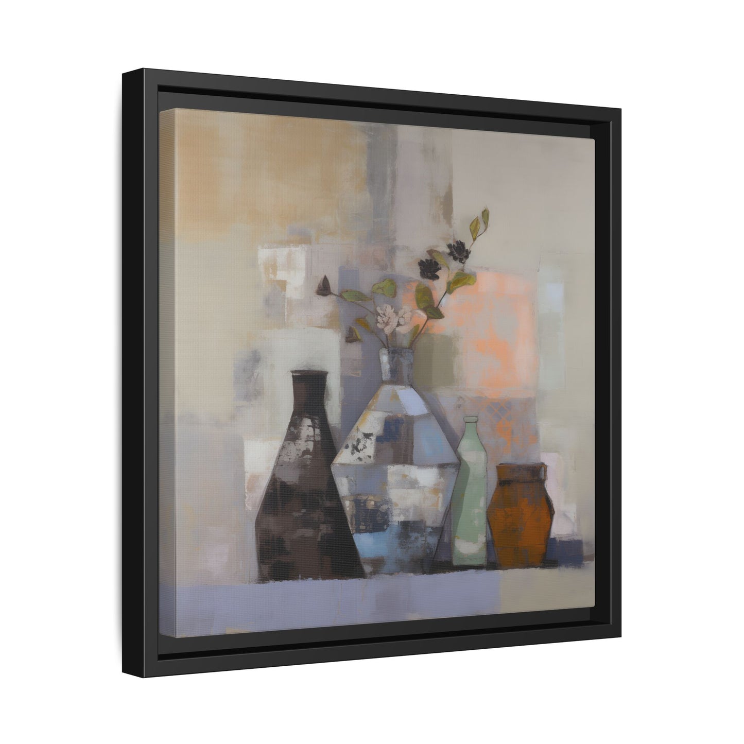 Earthy Bottle Still Life Wall Art – Framed Abstract Canvas with Geometric Vases in Neutral Tones
