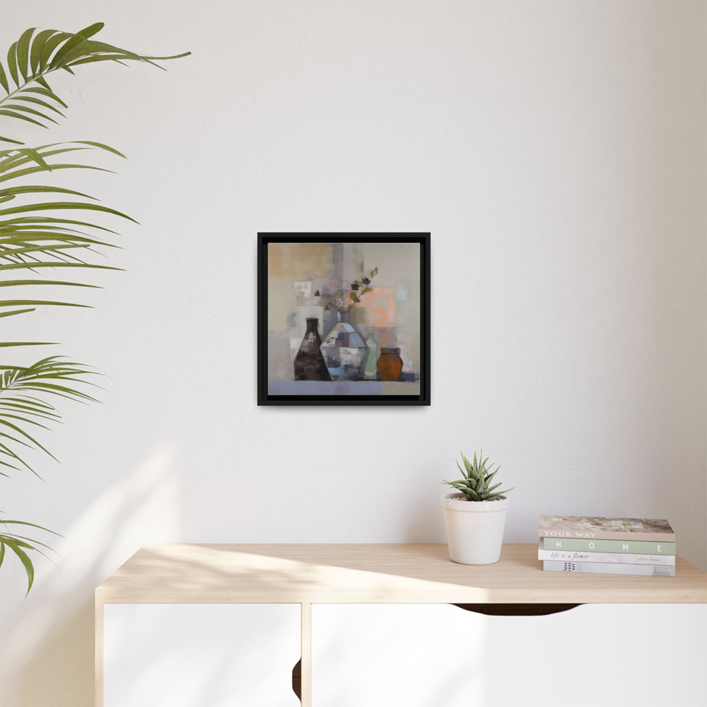 Earthy Bottle Still Life Wall Art – Framed Abstract Canvas with Geometric Vases in Neutral Tones