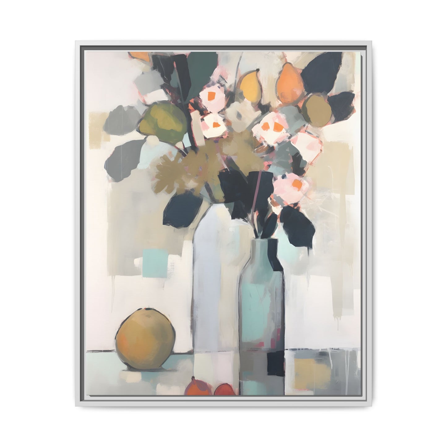 Modern Floral Still Life Wall Art – Framed Canvas with Bold Leaves and Citrus in Vase