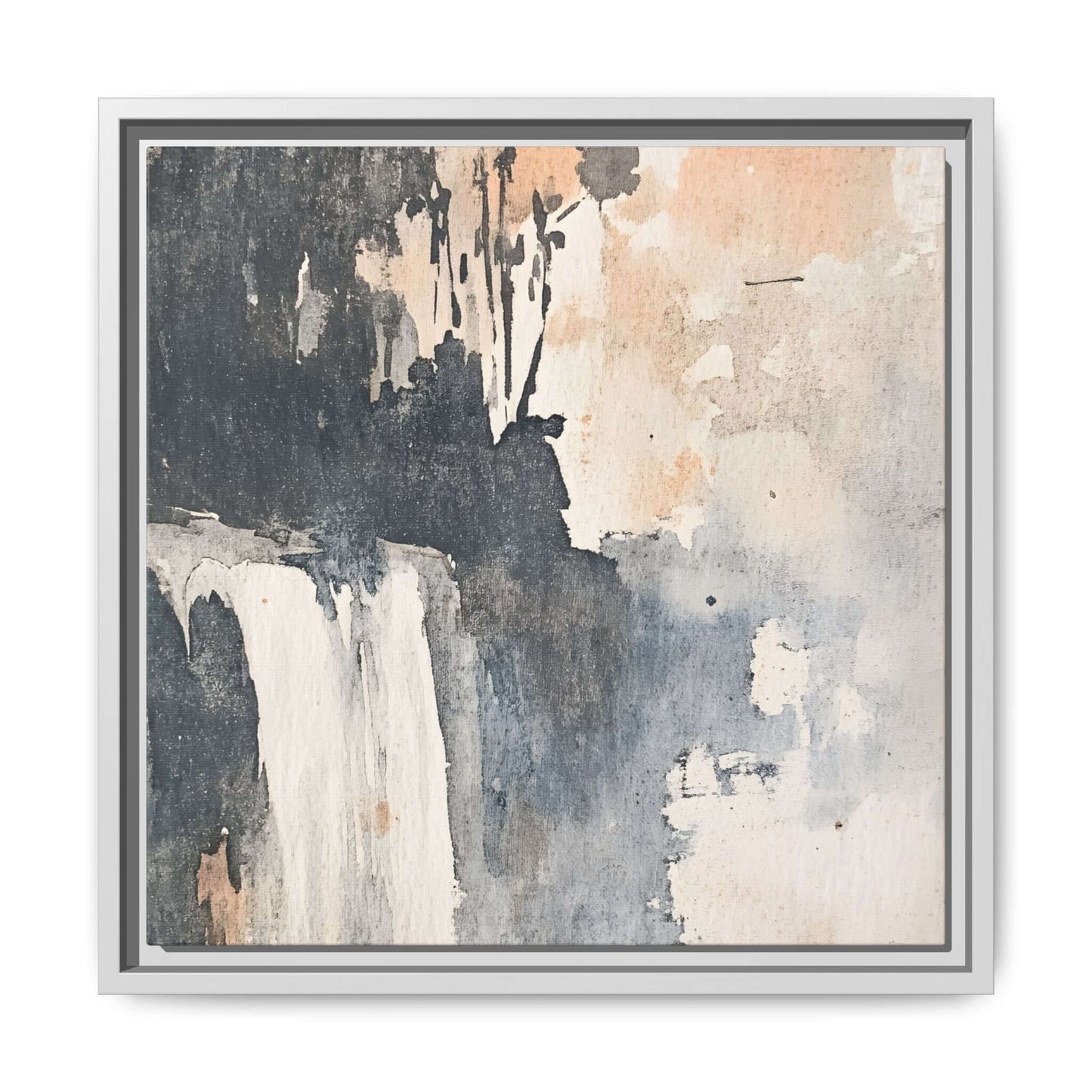 Framed waterfall art print on matte canvas, abstract design with muted colors, perfect for home decor, shown in square frame.