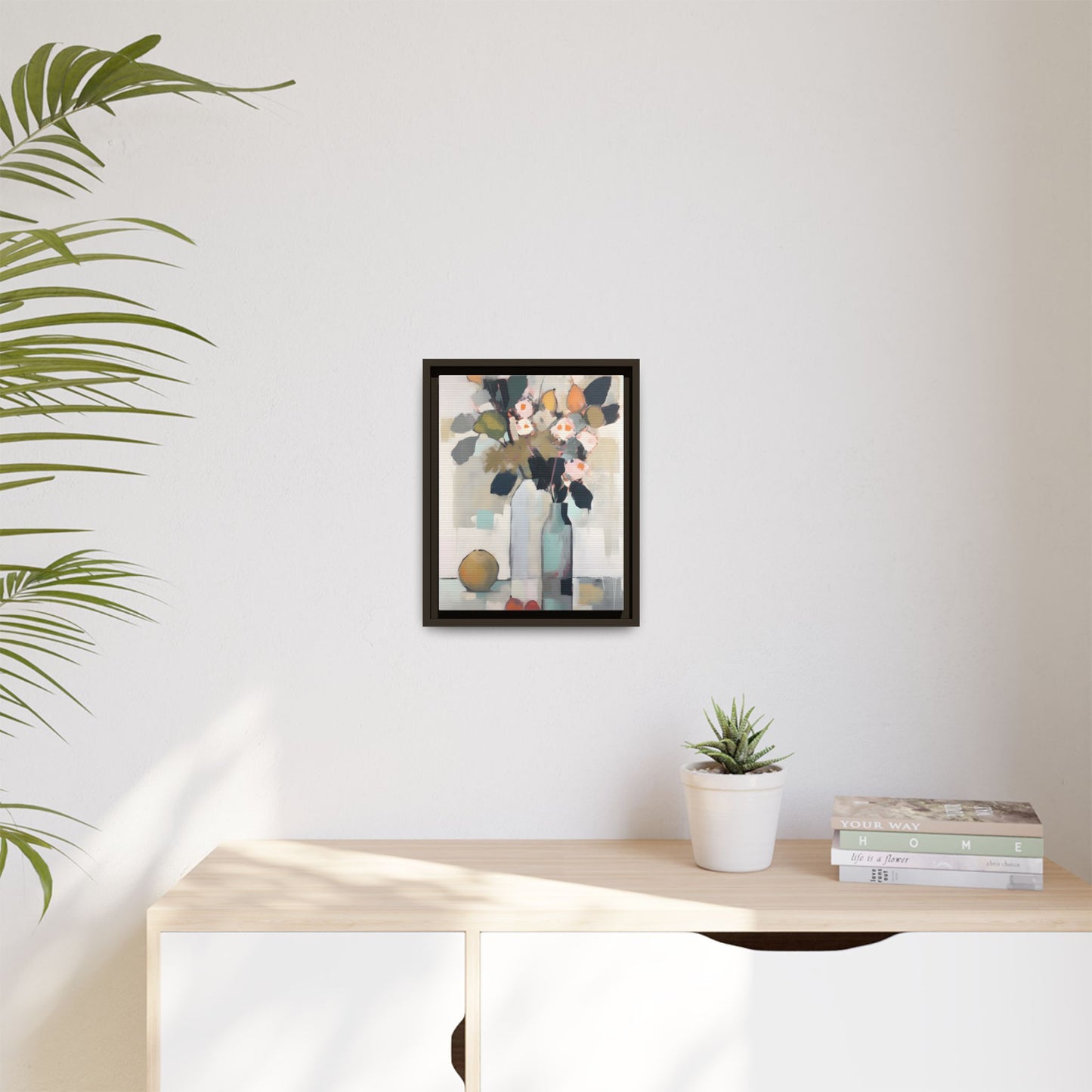 Modern Floral Still Life Wall Art – Framed Canvas with Bold Leaves and Citrus in Vase
