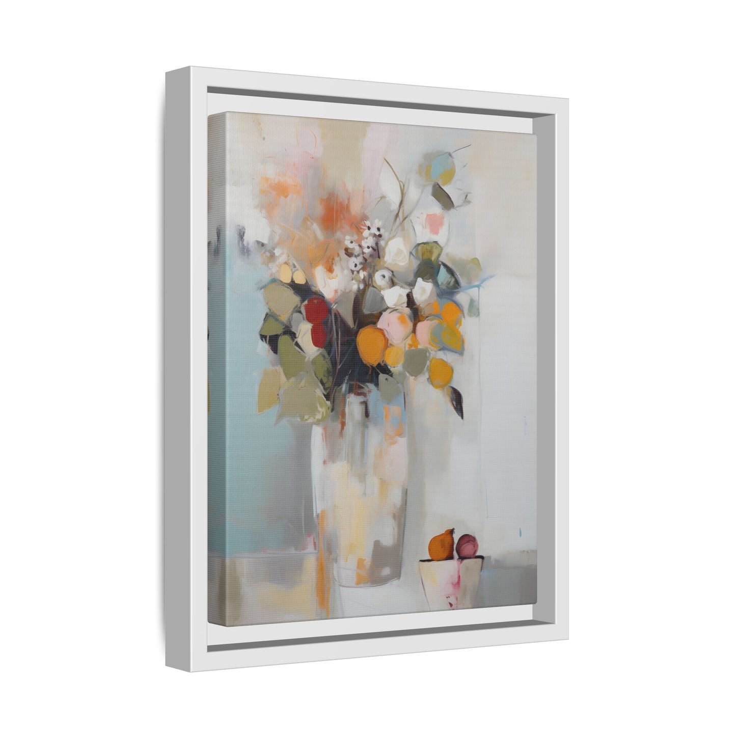 Colorful Floral Still Life Wall Art – Framed Abstract Canvas with Bright Blooms and Fruit Bowl