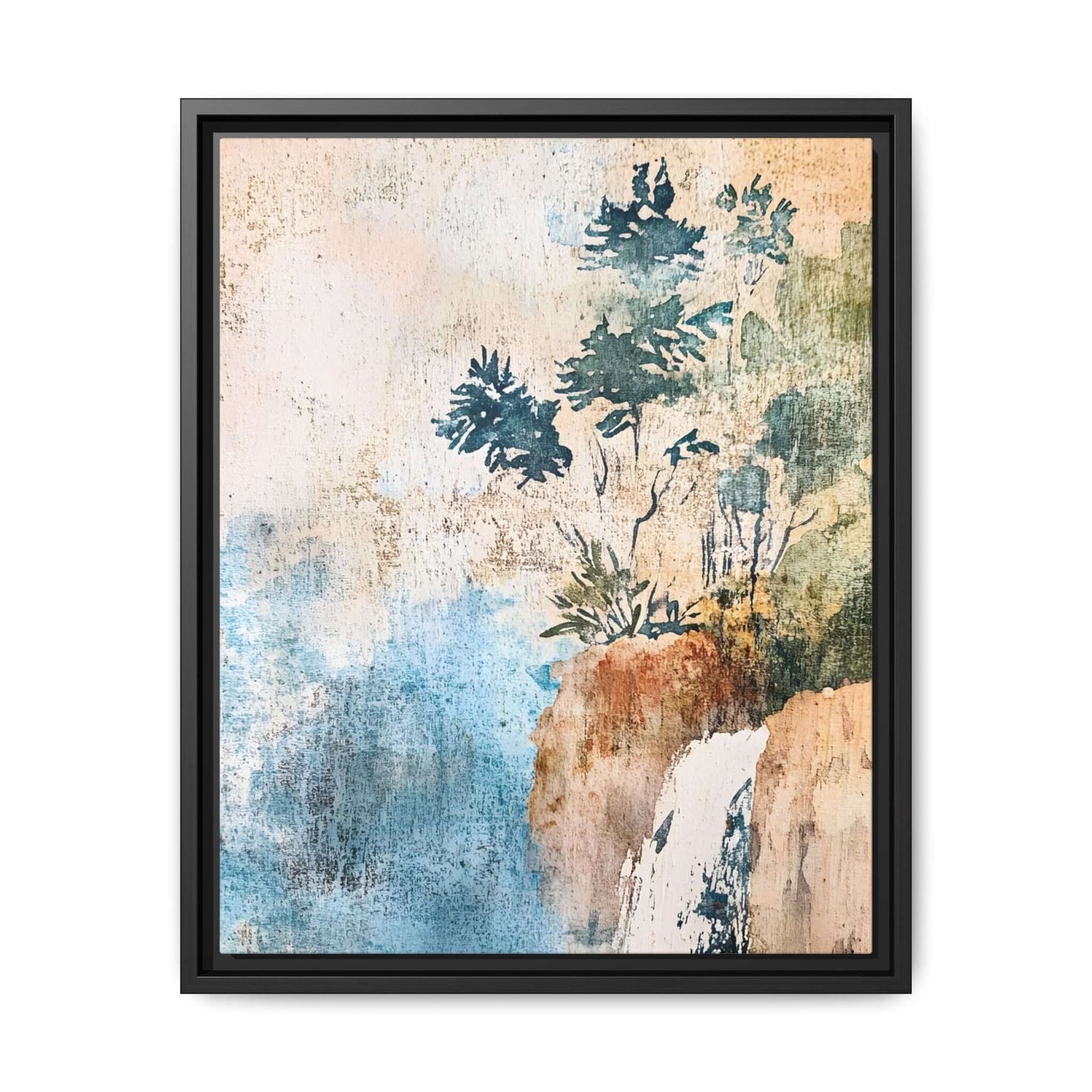 Framed watercolor canvas print of a misty forest landscape, featuring serene blue tones and elegant greenery, perfect for home decor.
