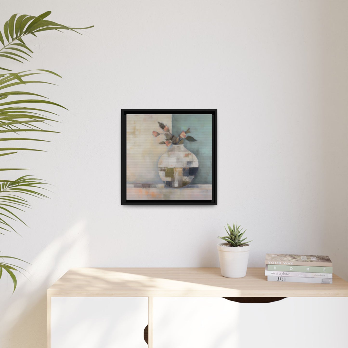 Geometric Floral Still Life Wall Art – Framed Abstract Canvas with Vase and Blush Pink Buds