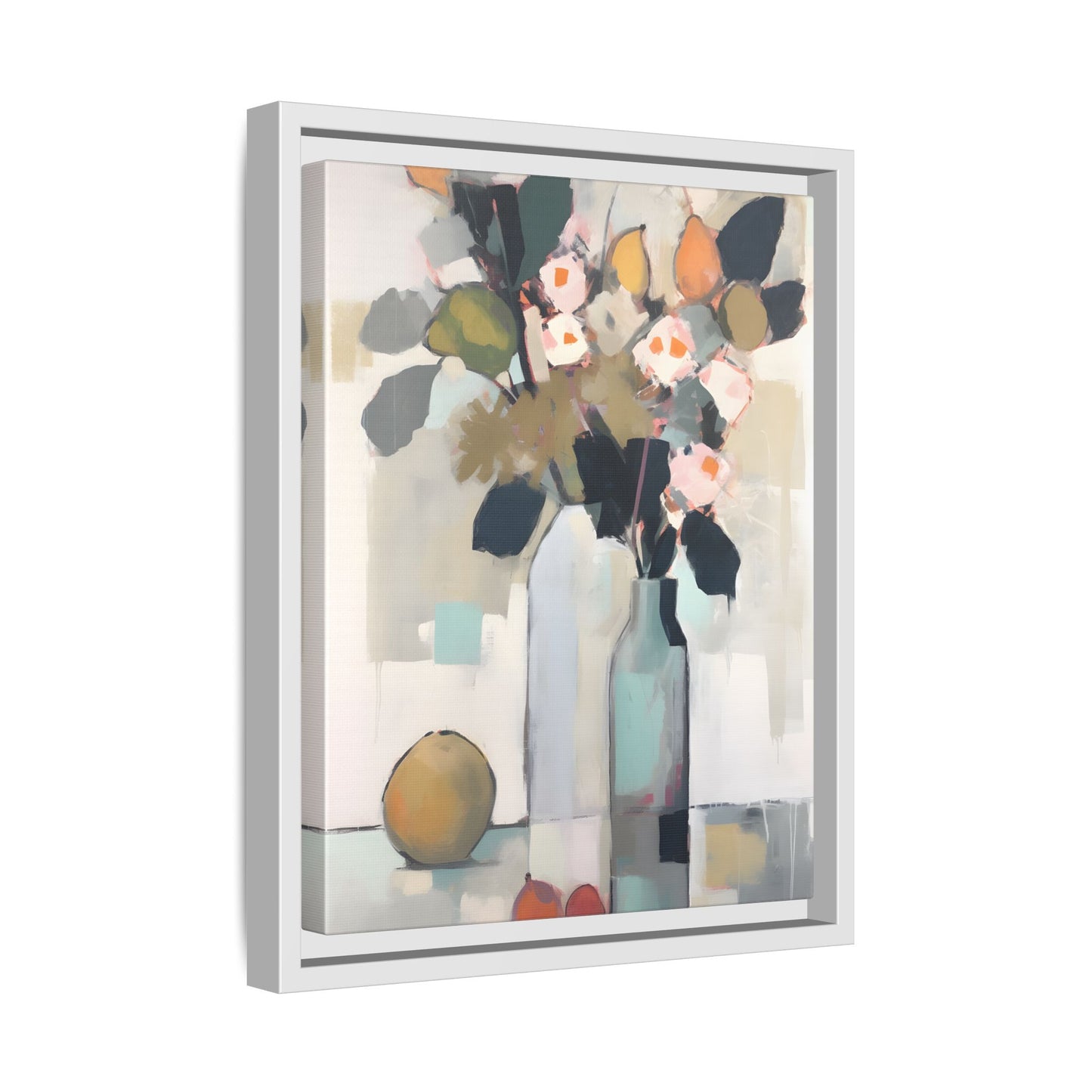 Modern Floral Still Life Wall Art – Framed Canvas with Bold Leaves and Citrus in Vase