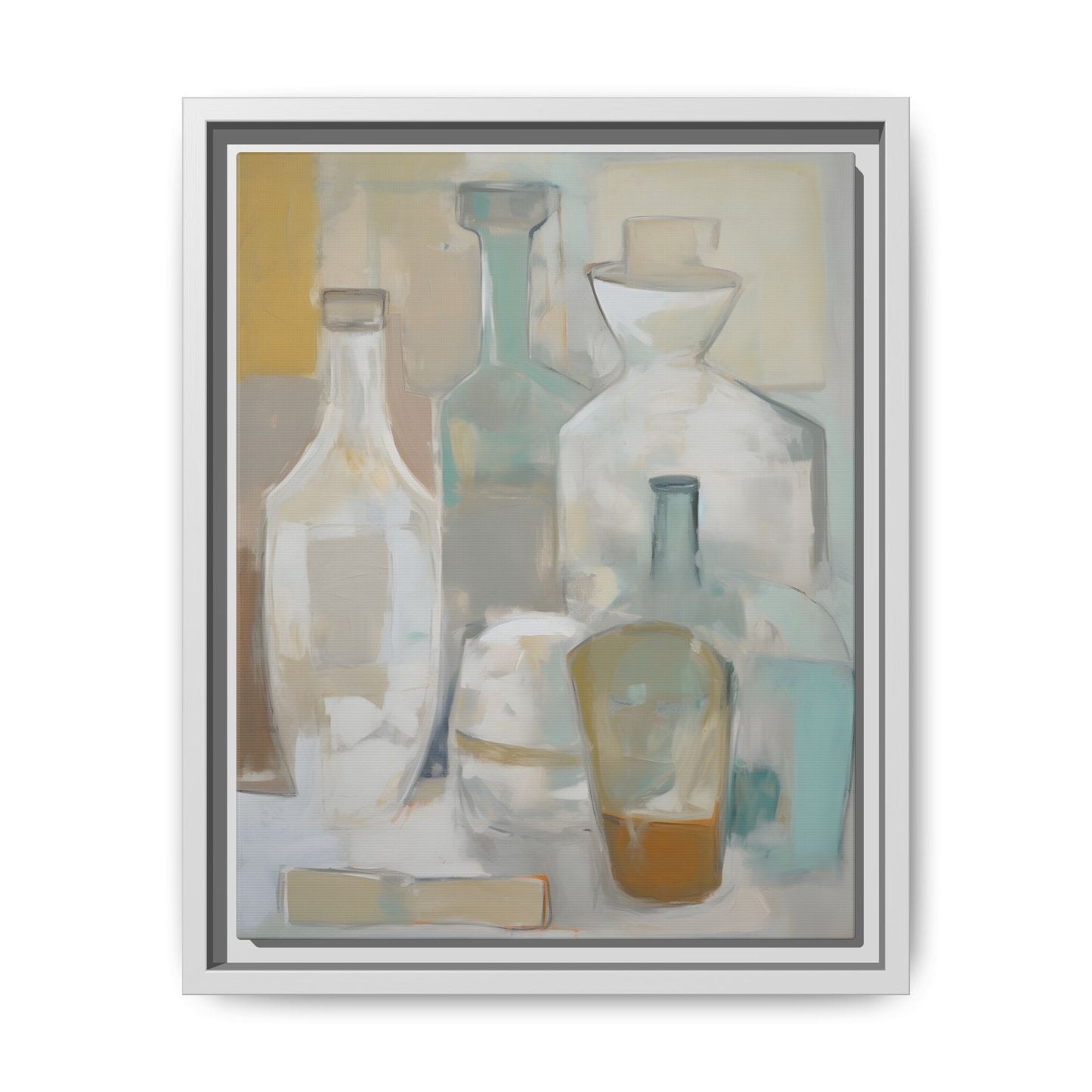Modern Still Life Wall Art – Neutral Bottles Framed Canvas in Beige, Aqua & Amber