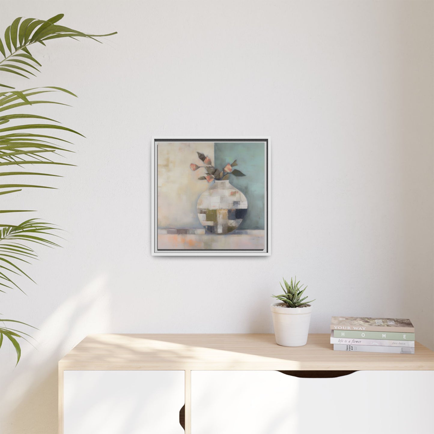 Geometric Floral Still Life Wall Art – Framed Abstract Canvas with Vase and Blush Pink Buds