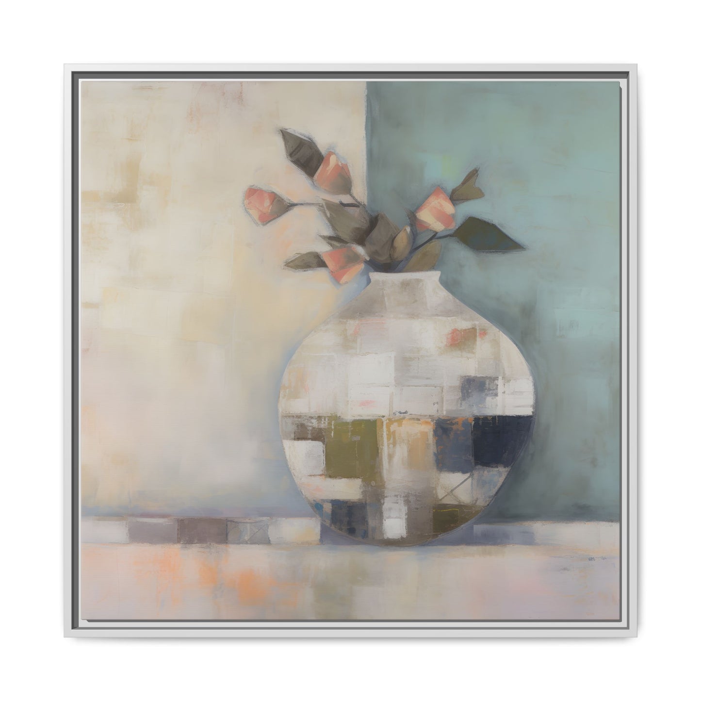 Geometric Floral Still Life Wall Art – Framed Abstract Canvas with Vase and Blush Pink Buds