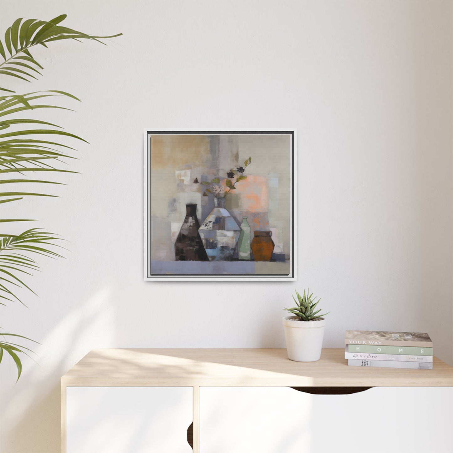 Earthy Bottle Still Life Wall Art – Framed Abstract Canvas with Geometric Vases in Neutral Tones