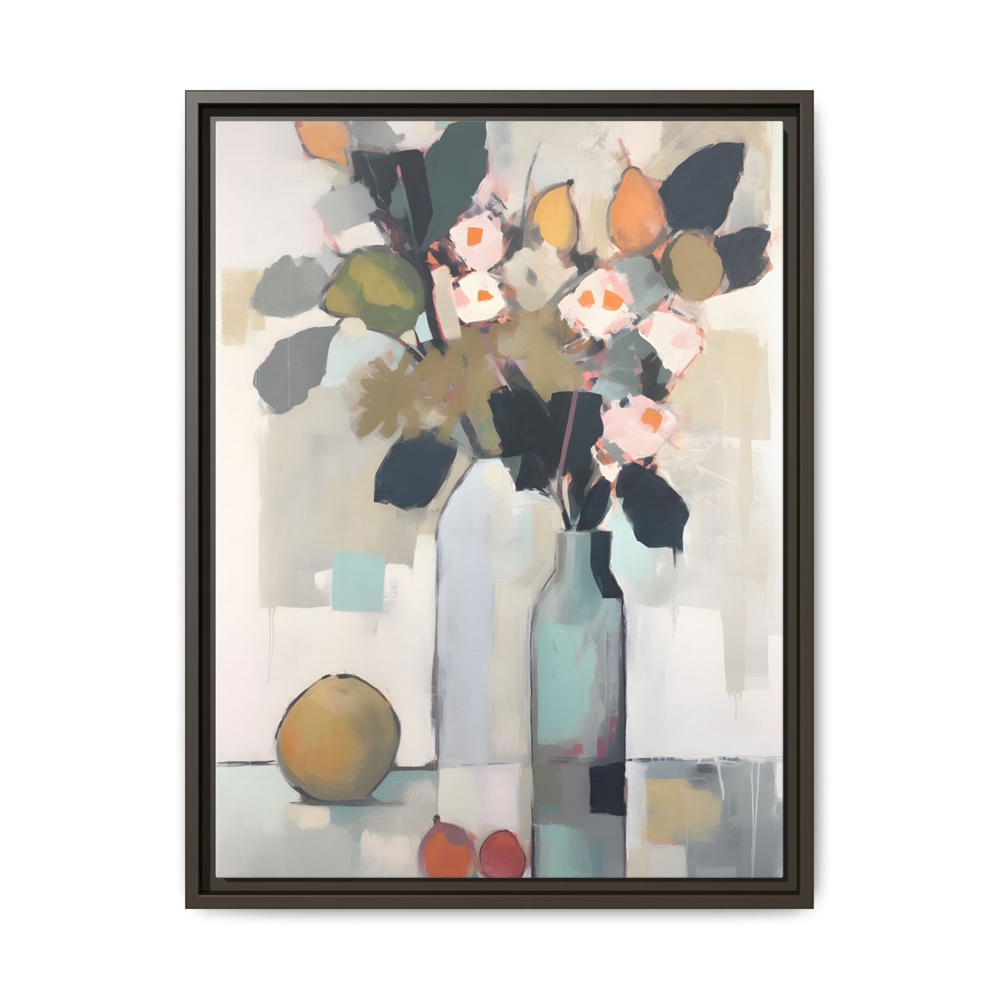 Modern Floral Still Life Wall Art – Framed Canvas with Bold Leaves and Citrus in Vase