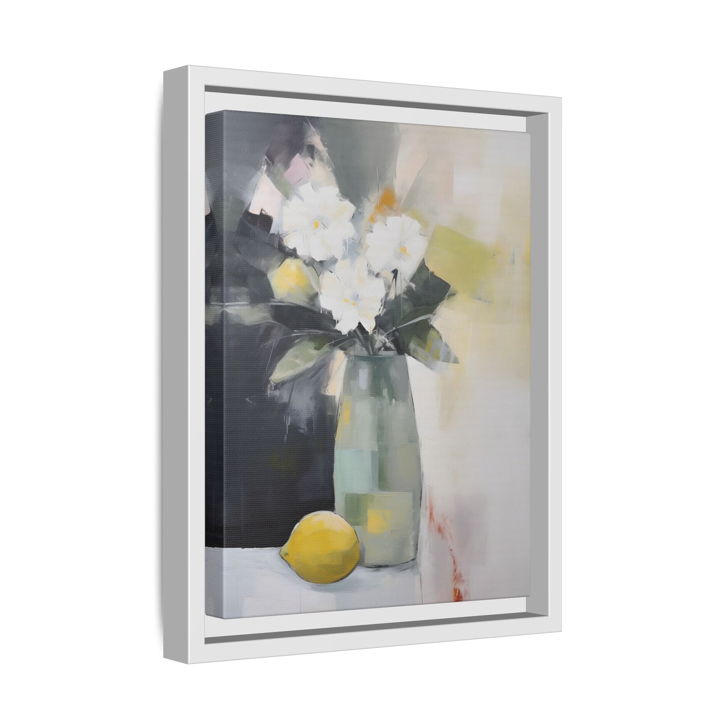Modern Floral Still Life Wall Art – Framed Canvas with White Flowers and Lemon in Soft Green Vase