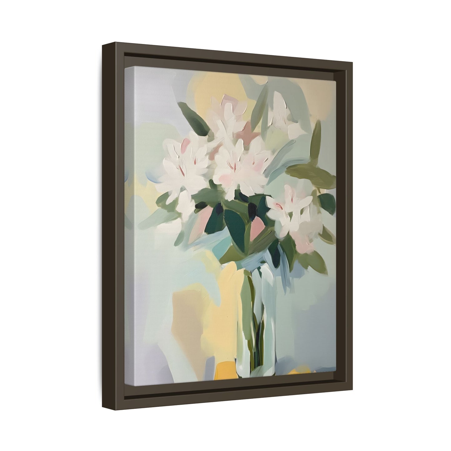 Soft Abstract Floral Wall Art – Framed Modern Canvas with White Flowers in Green Vase