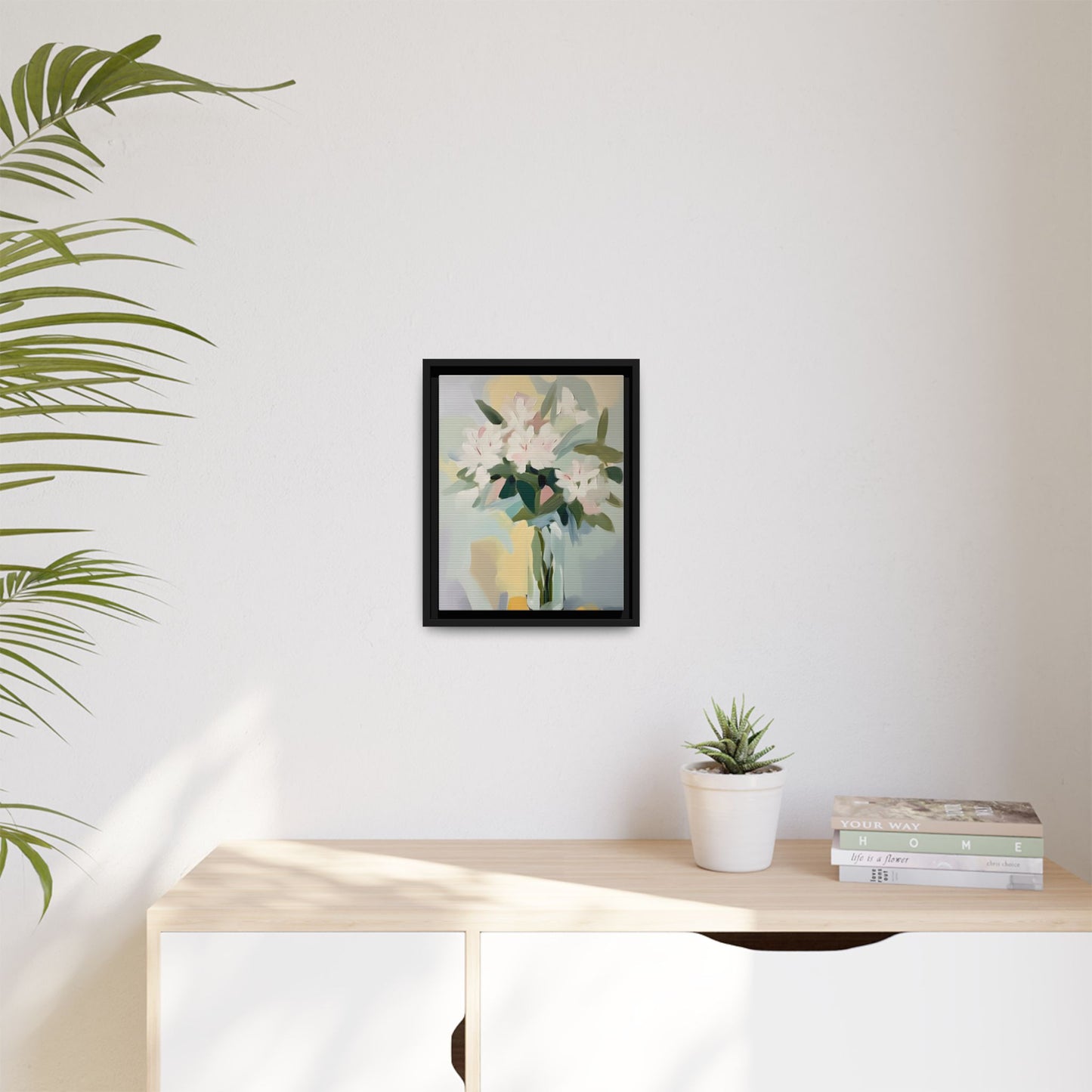 Soft Abstract Floral Wall Art – Framed Modern Canvas with White Flowers in Green Vase