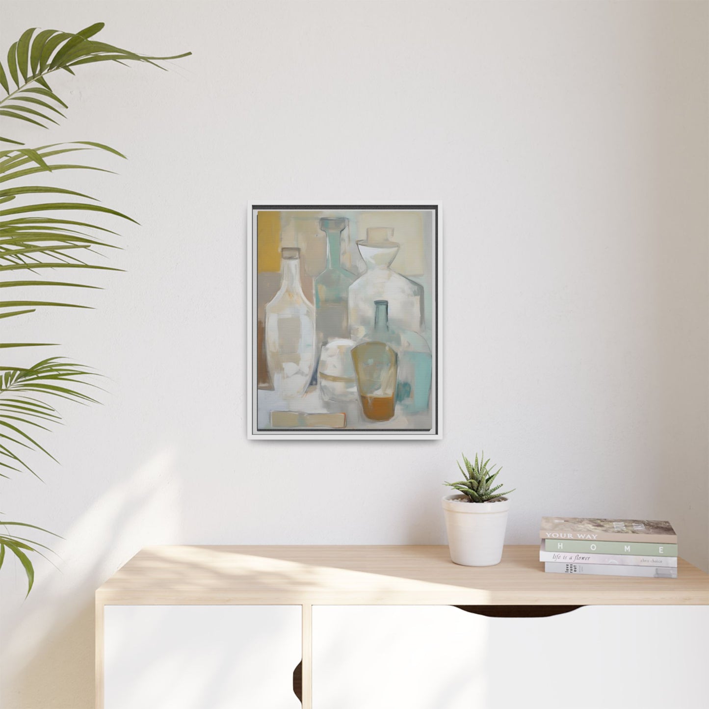 Modern Still Life Wall Art – Neutral Bottles Framed Canvas in Beige, Aqua & Amber