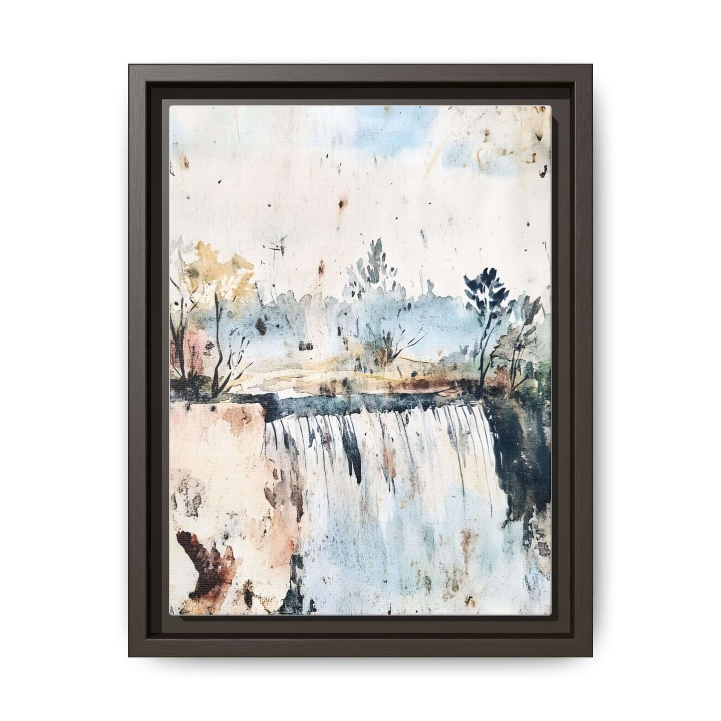 Framed watercolor wall art featuring serene landscape decor with soft colors and a waterfall scene, ideal for home or office.