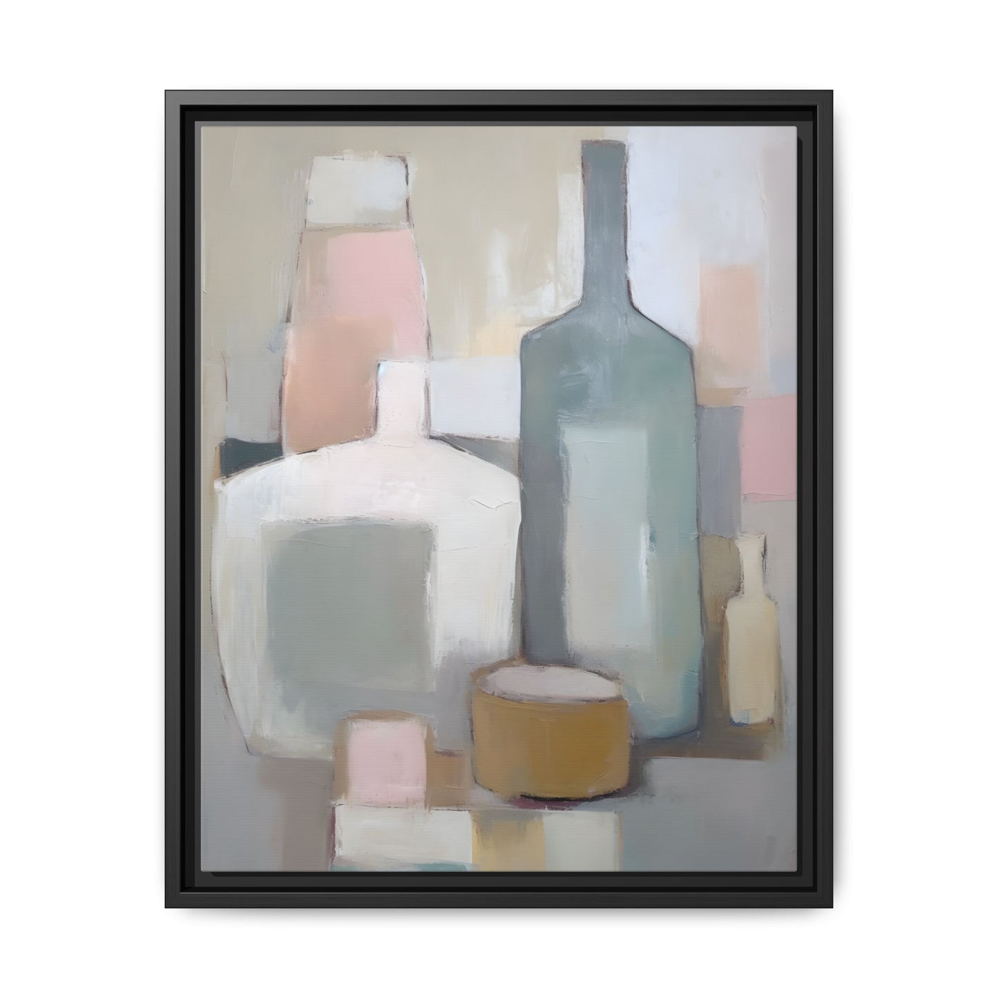 Modern Abstract Bottle Still Life Wall Art – Framed Canvas in Soft Pink, Blue, and Beige