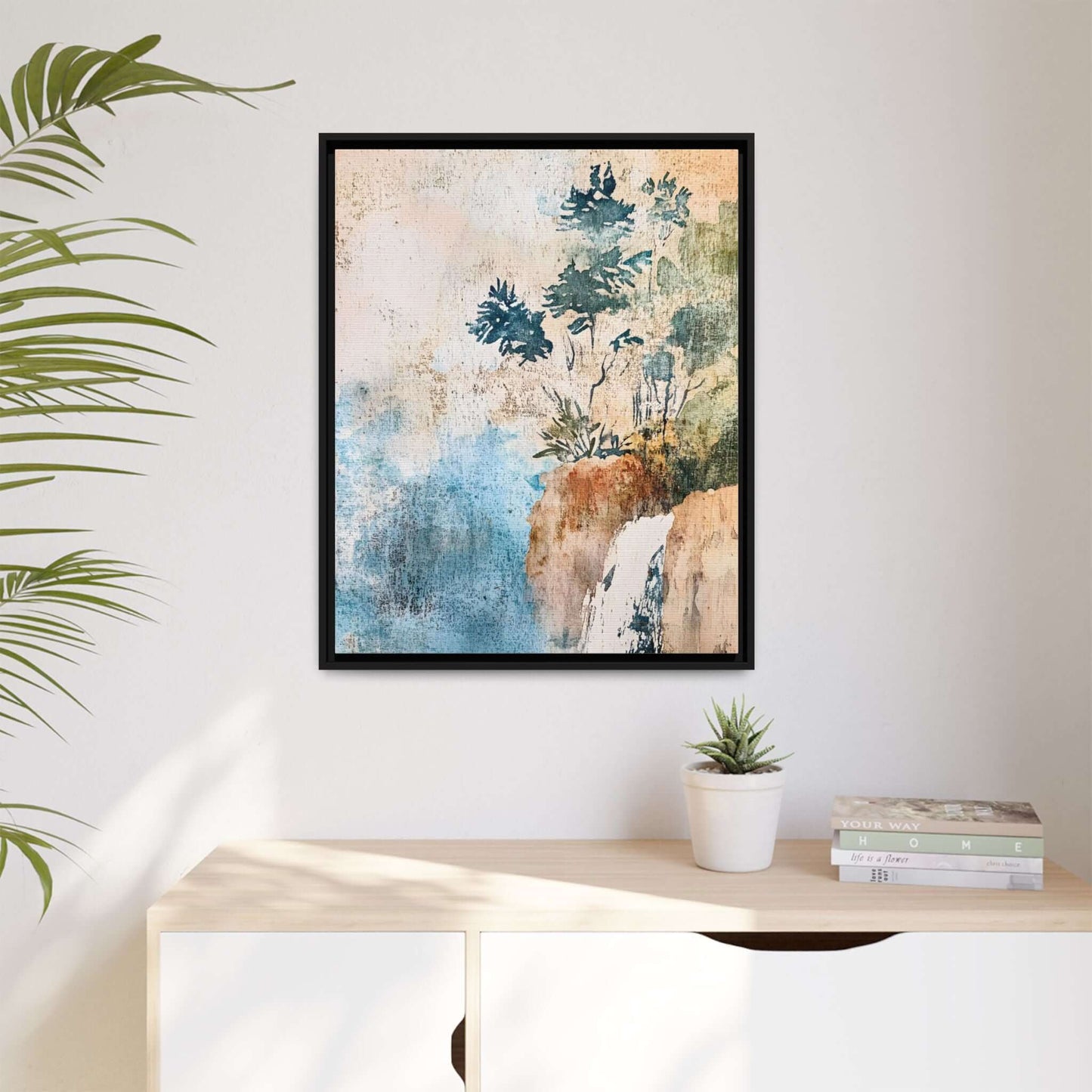 Framed watercolor canvas print of a misty forest landscape, enhancing room decor with elegance and tranquility.