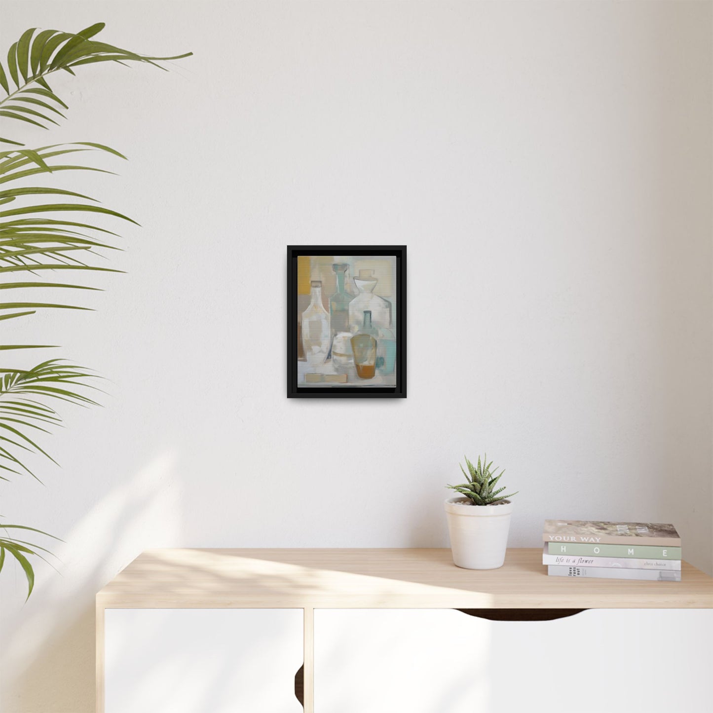 Modern Still Life Wall Art – Neutral Bottles Framed Canvas in Beige, Aqua & Amber