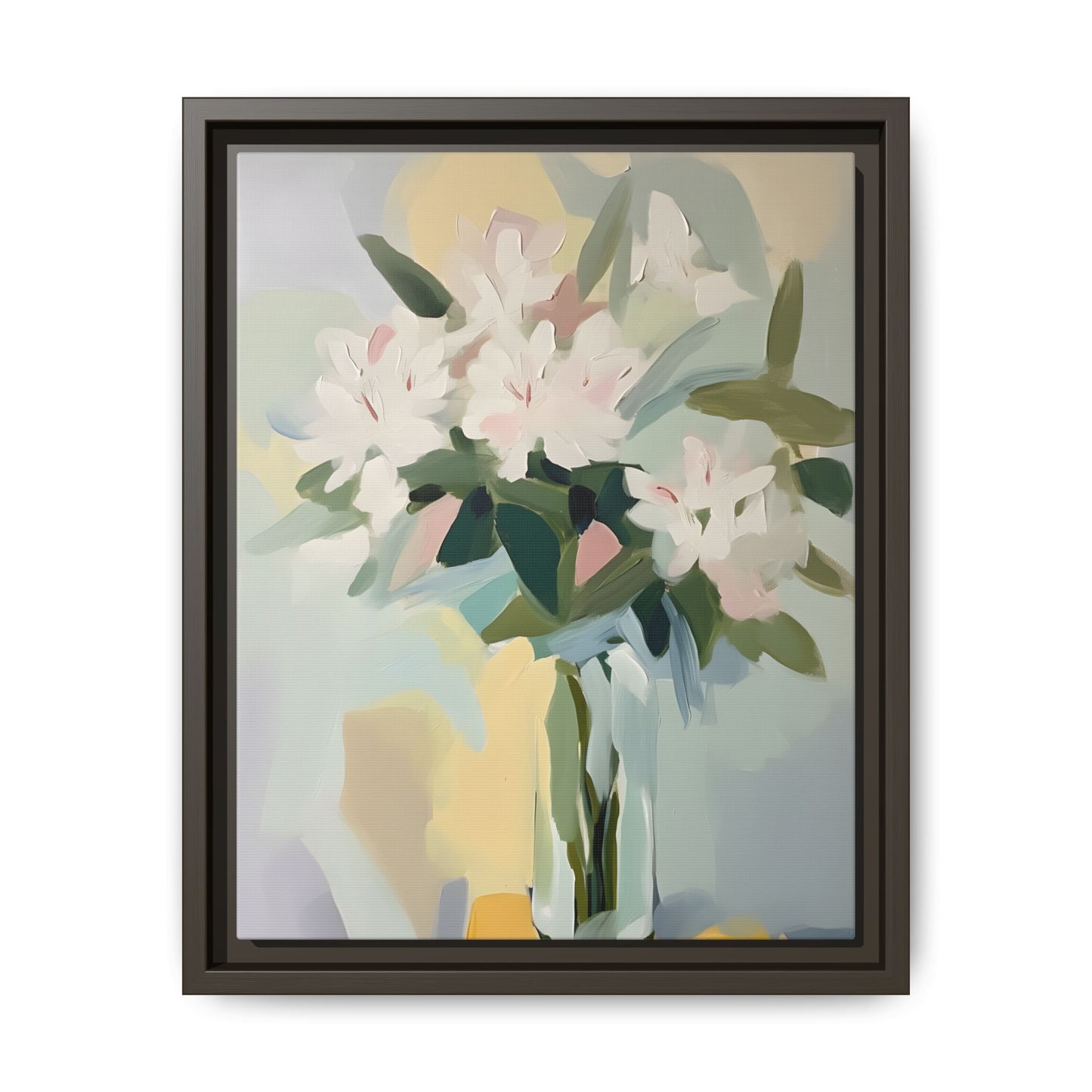 Soft Abstract Floral Wall Art – Framed Modern Canvas with White Flowers in Green Vase