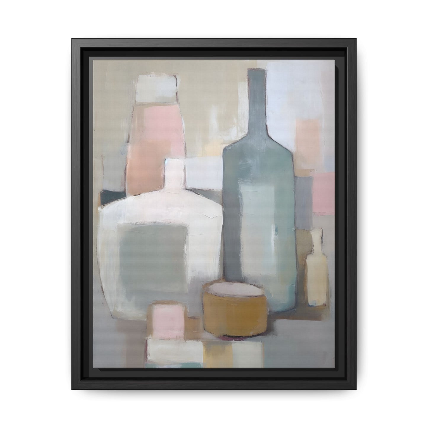 Modern Abstract Bottle Still Life Wall Art – Framed Canvas in Soft Pink, Blue, and Beige