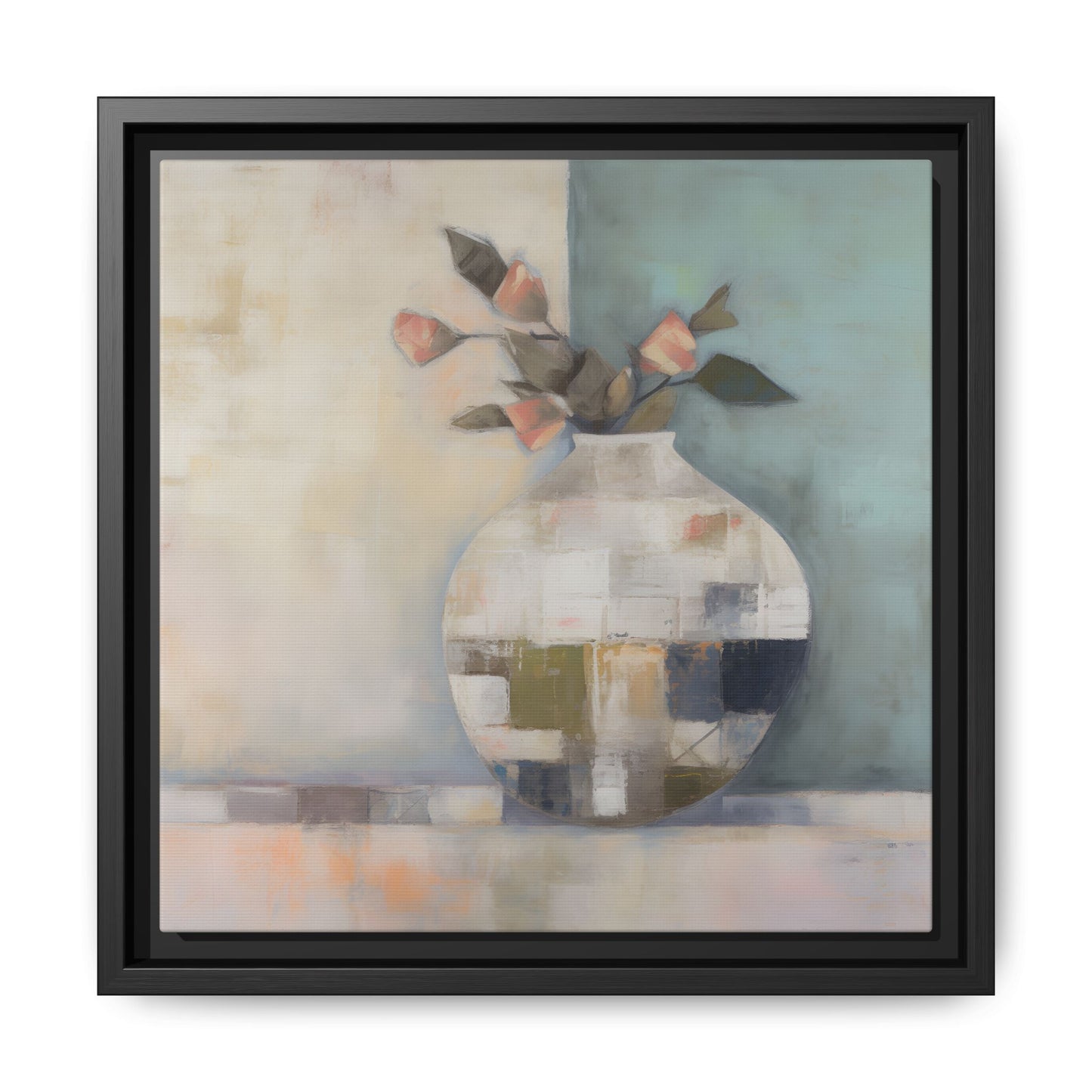 Geometric Floral Still Life Wall Art – Framed Abstract Canvas with Vase and Blush Pink Buds