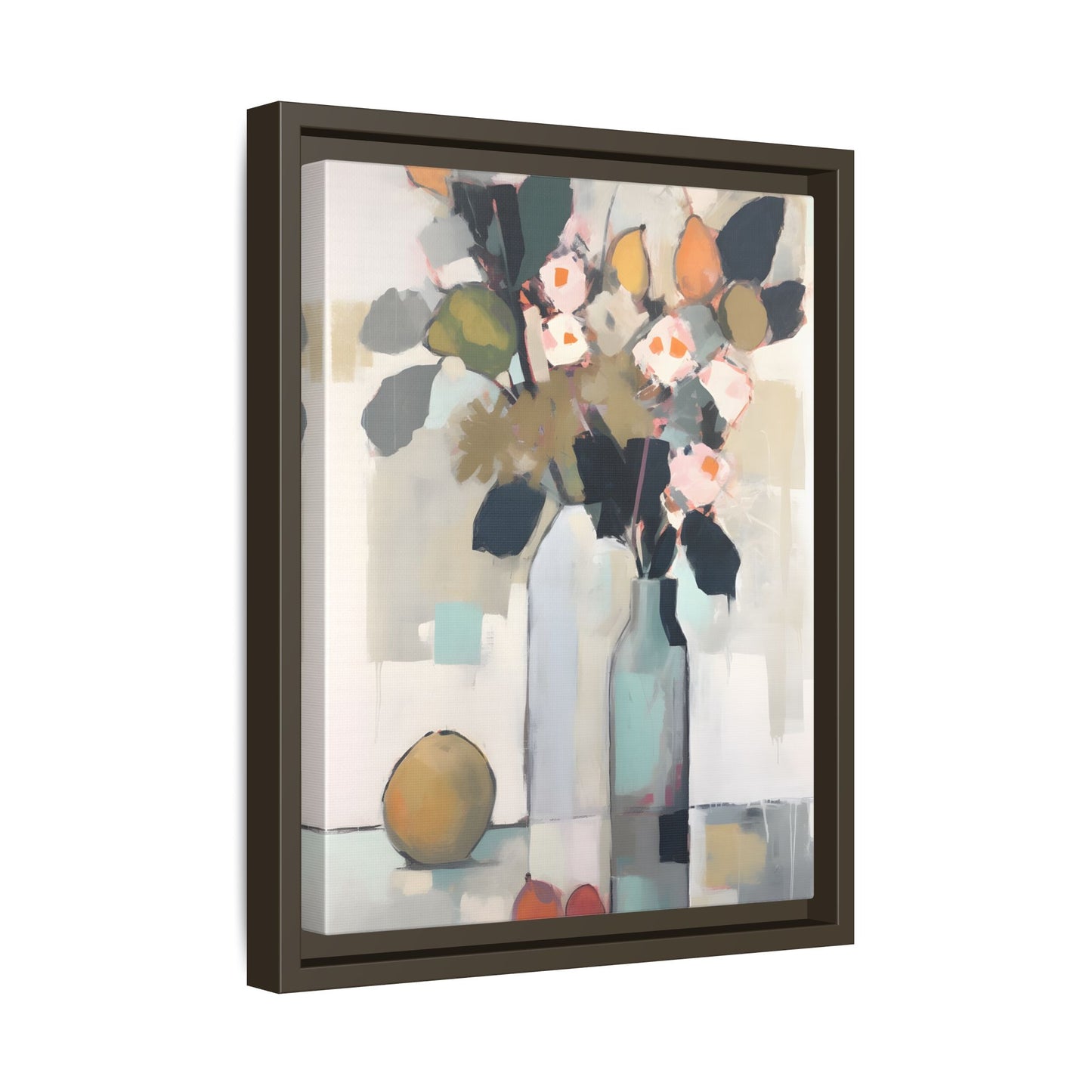 Modern Floral Still Life Wall Art – Framed Canvas with Bold Leaves and Citrus in Vase